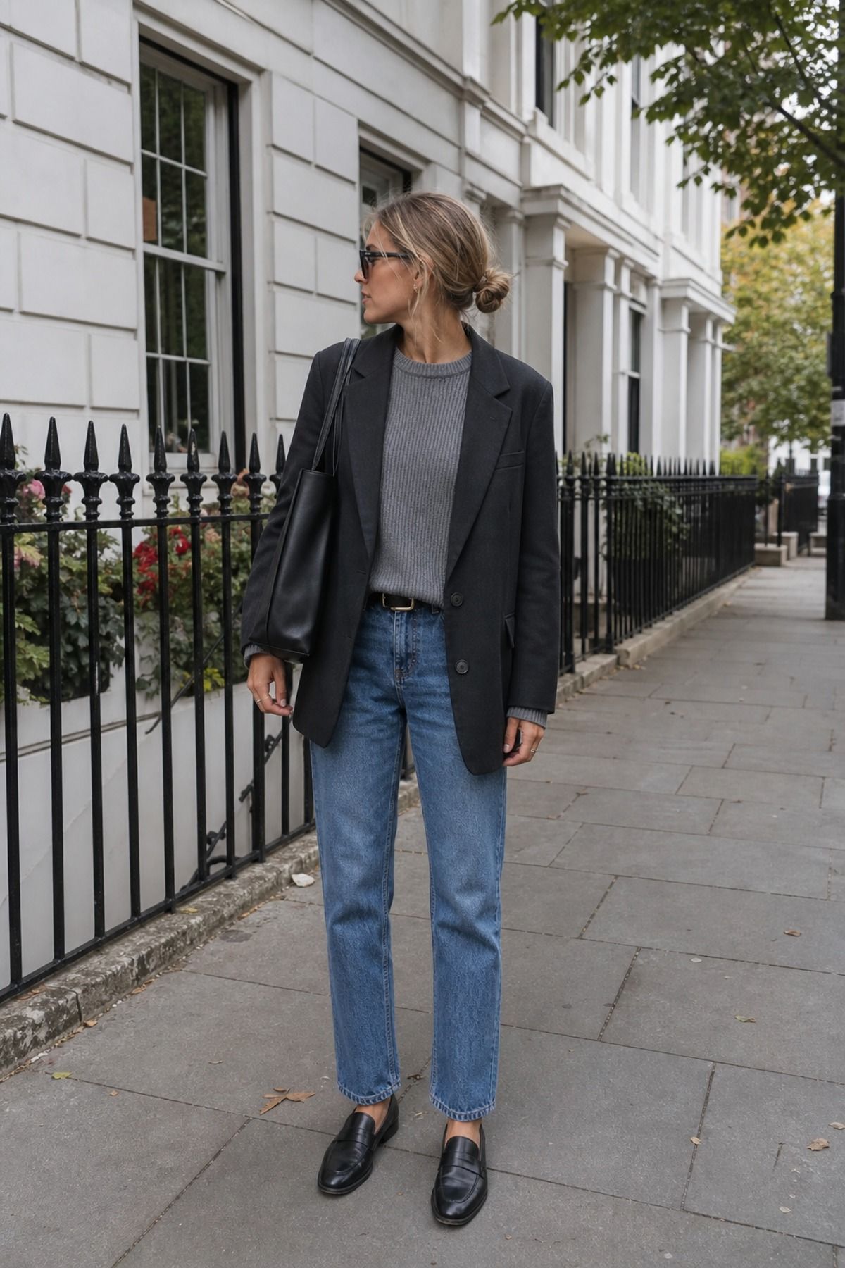 Woman in a gray fine knit sweater, an oversized black blazer, cropped mid-blue straight jeans and black loafers on a street with iron railings