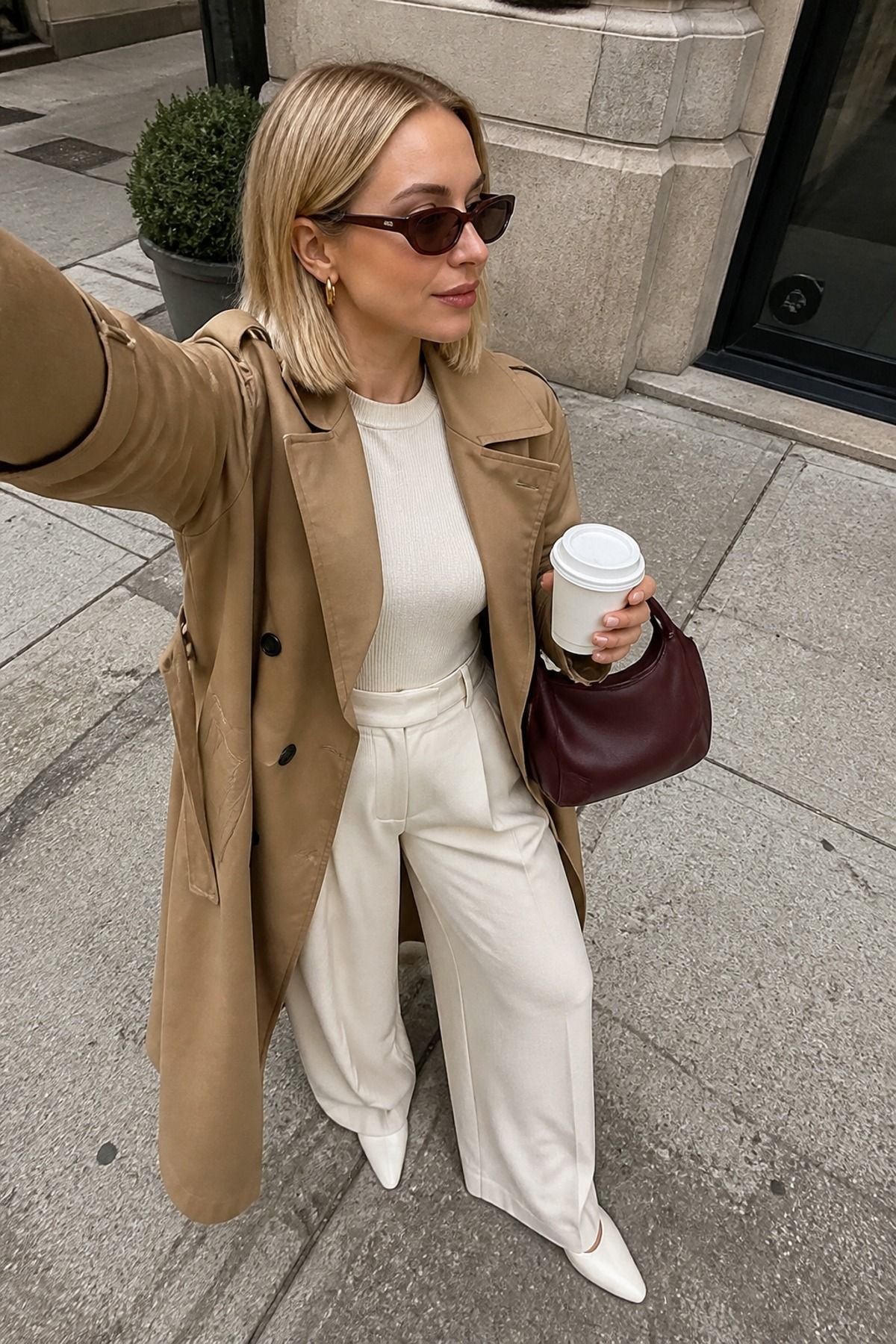 Woman in a long tan trench coat over a cream knit top and cream wide-leg trousers with white pointed shoes and a burgundy bag on a city sidewalk
