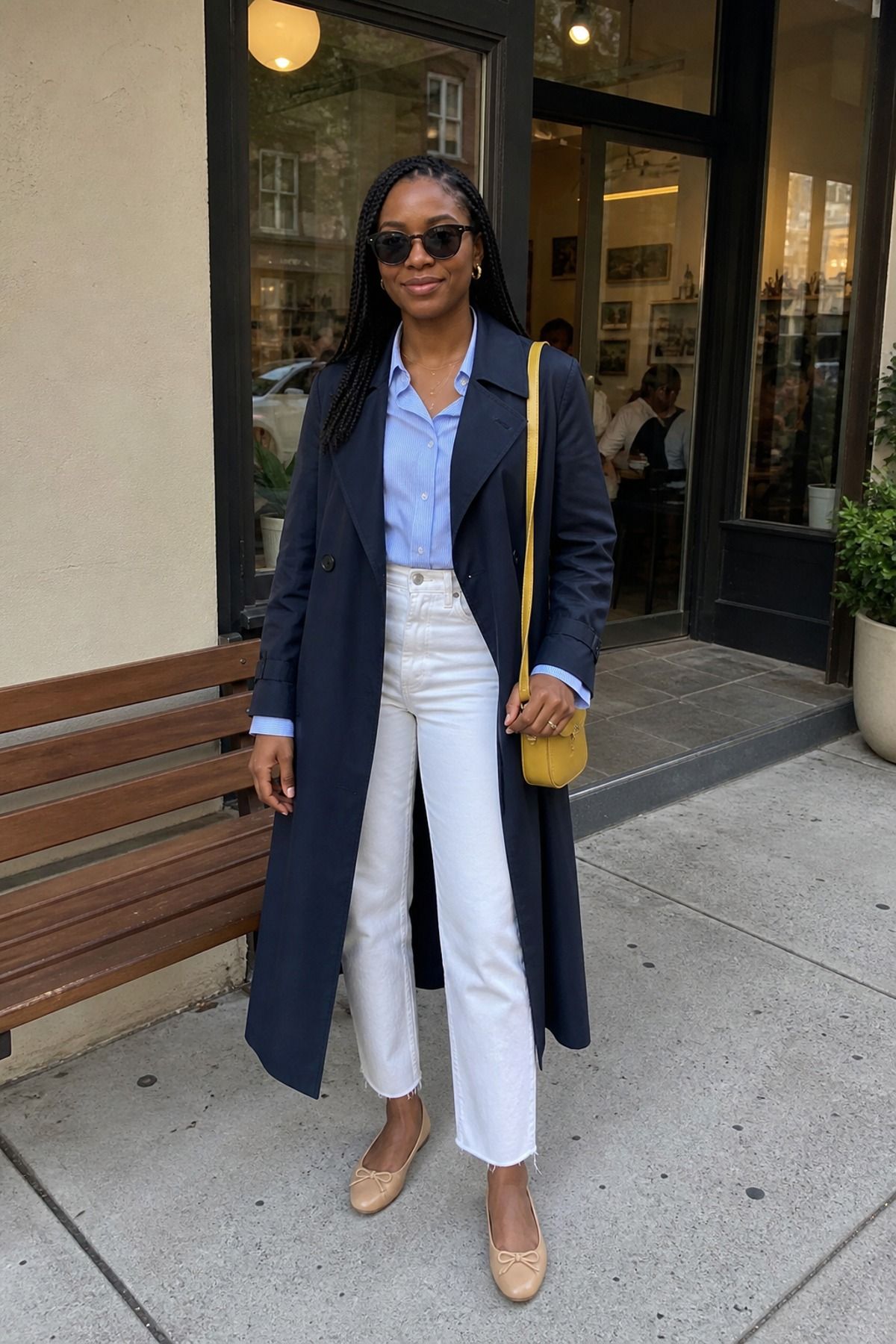 Woman in a long navy trench coat, light blue shirt, white cropped jeans and beige ballet flats with a mustard bag outside a cafe