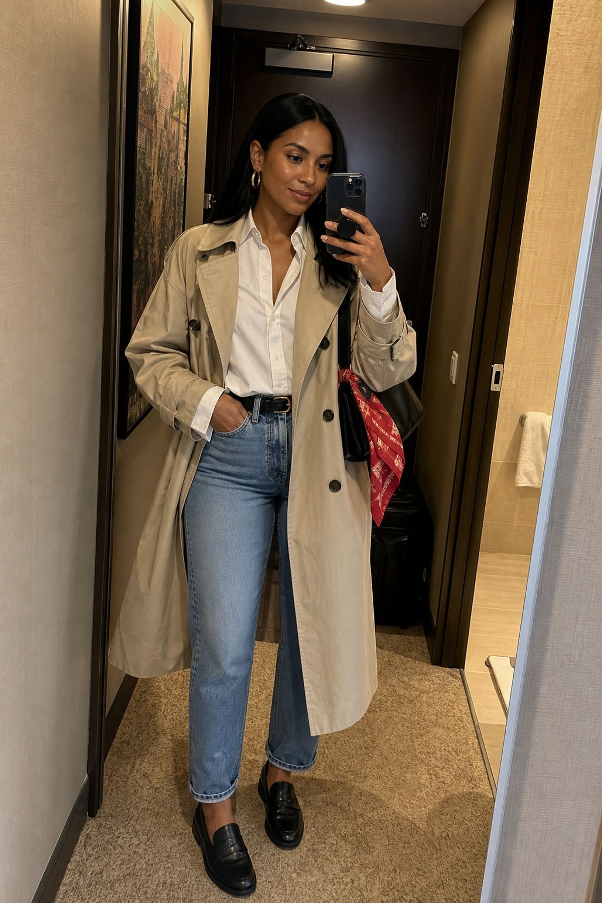 Woman in a beige trench coat over a white button-down shirt, light straight jeans, black belt and black loafers in a hotel hallway
