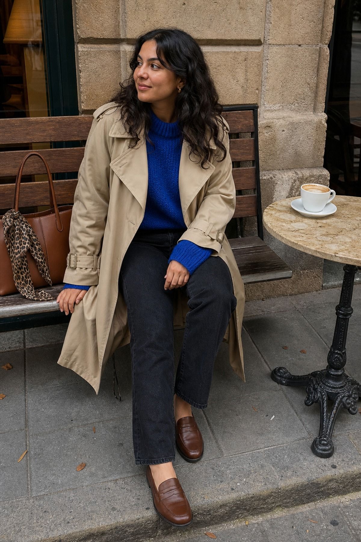 Woman in a beige trench coat, cobalt blue sweater, black jeans and brown loafers sitting on a cafe bench