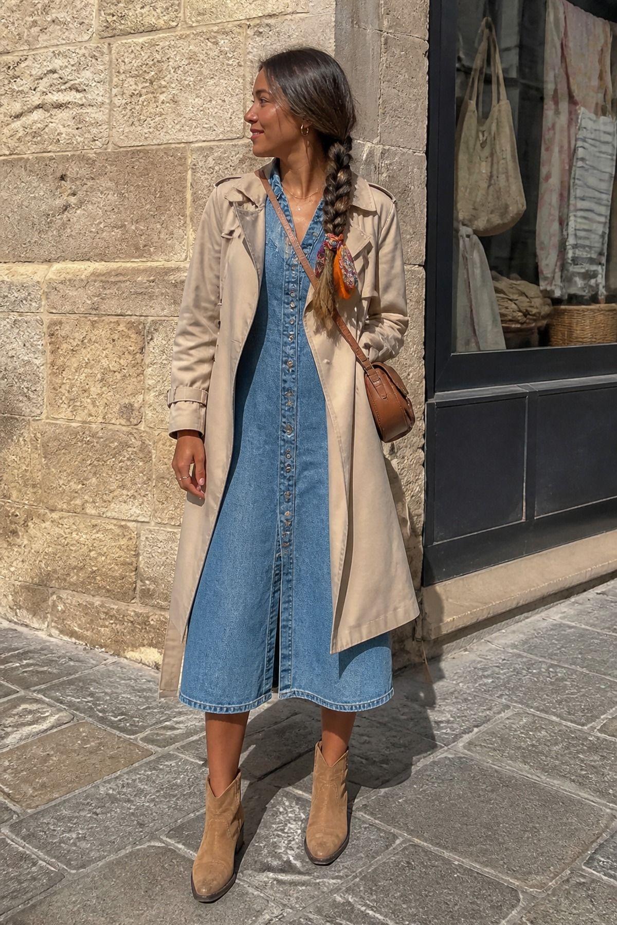 Woman in a beige trench coat over a button-front denim midi dress with tan suede ankle boots and a tan crossbody bag