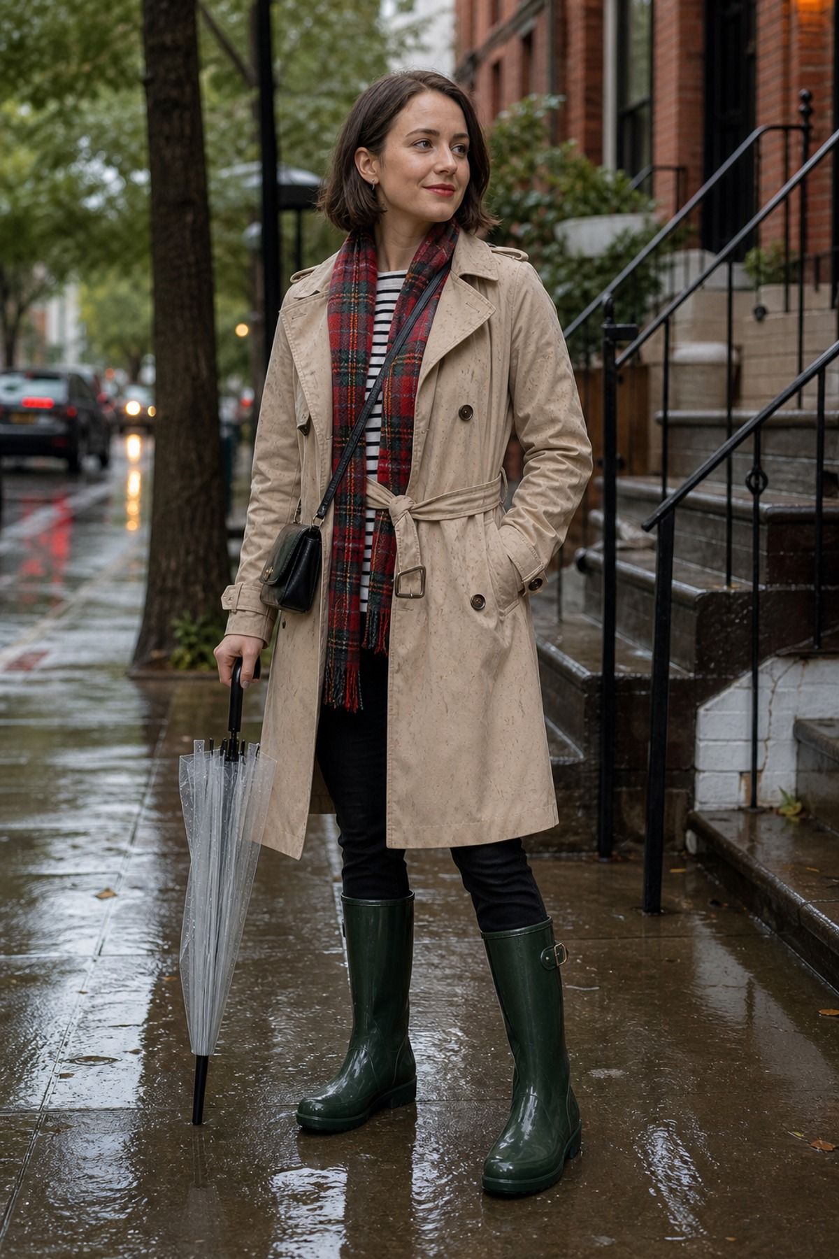 Woman in a belted beige trench coat, red plaid scarf, black slim pants and dark green rain boots holding a clear umbrella on a wet street