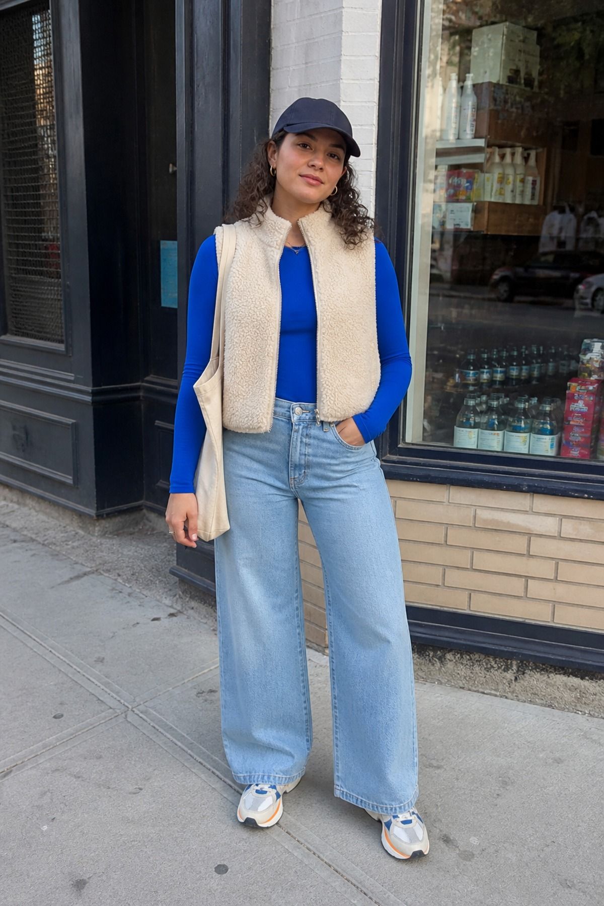 Woman wearing a fleece vest with wide-leg jeans and sneakers