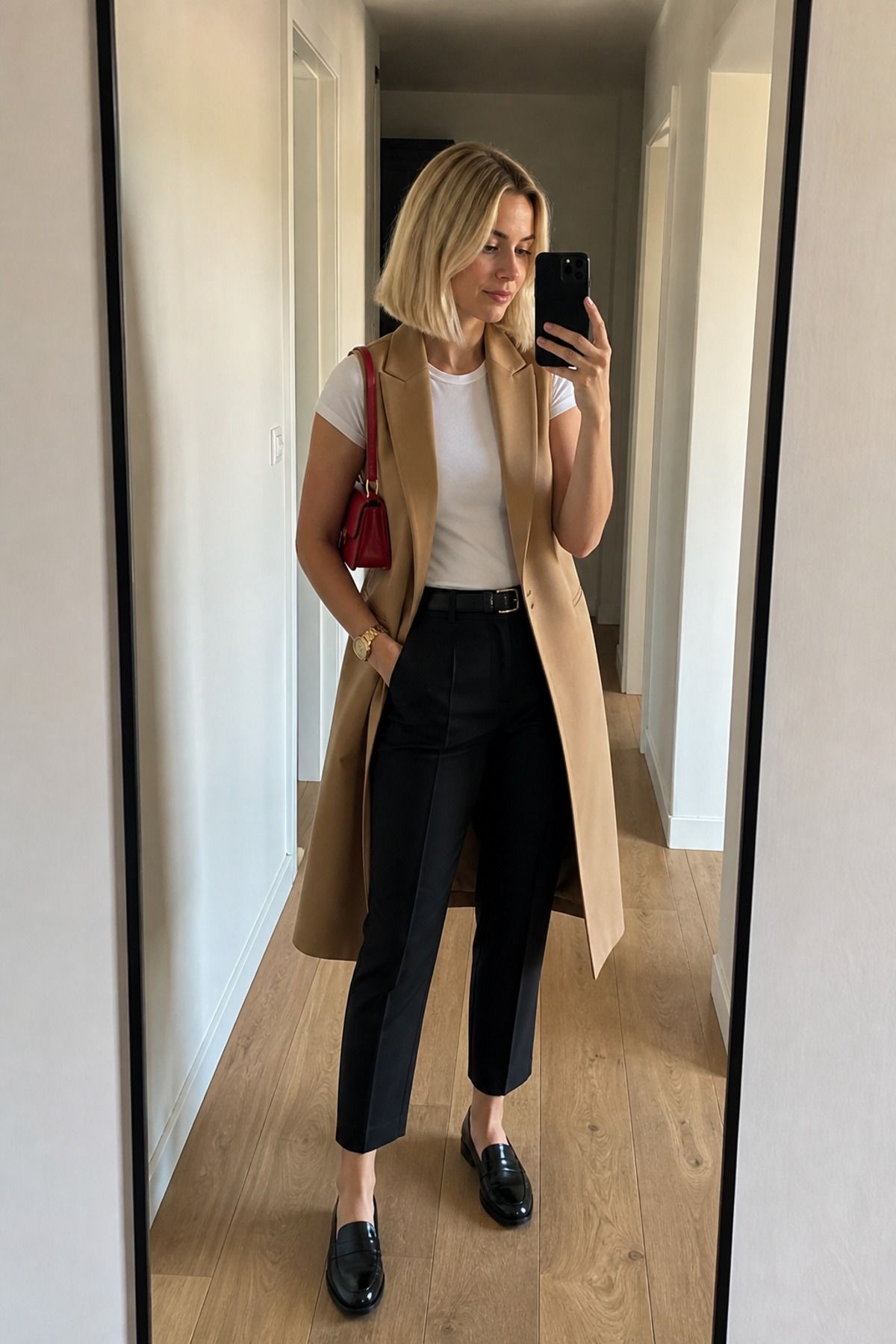 Woman wearing a longline vest with black trousers and a tee