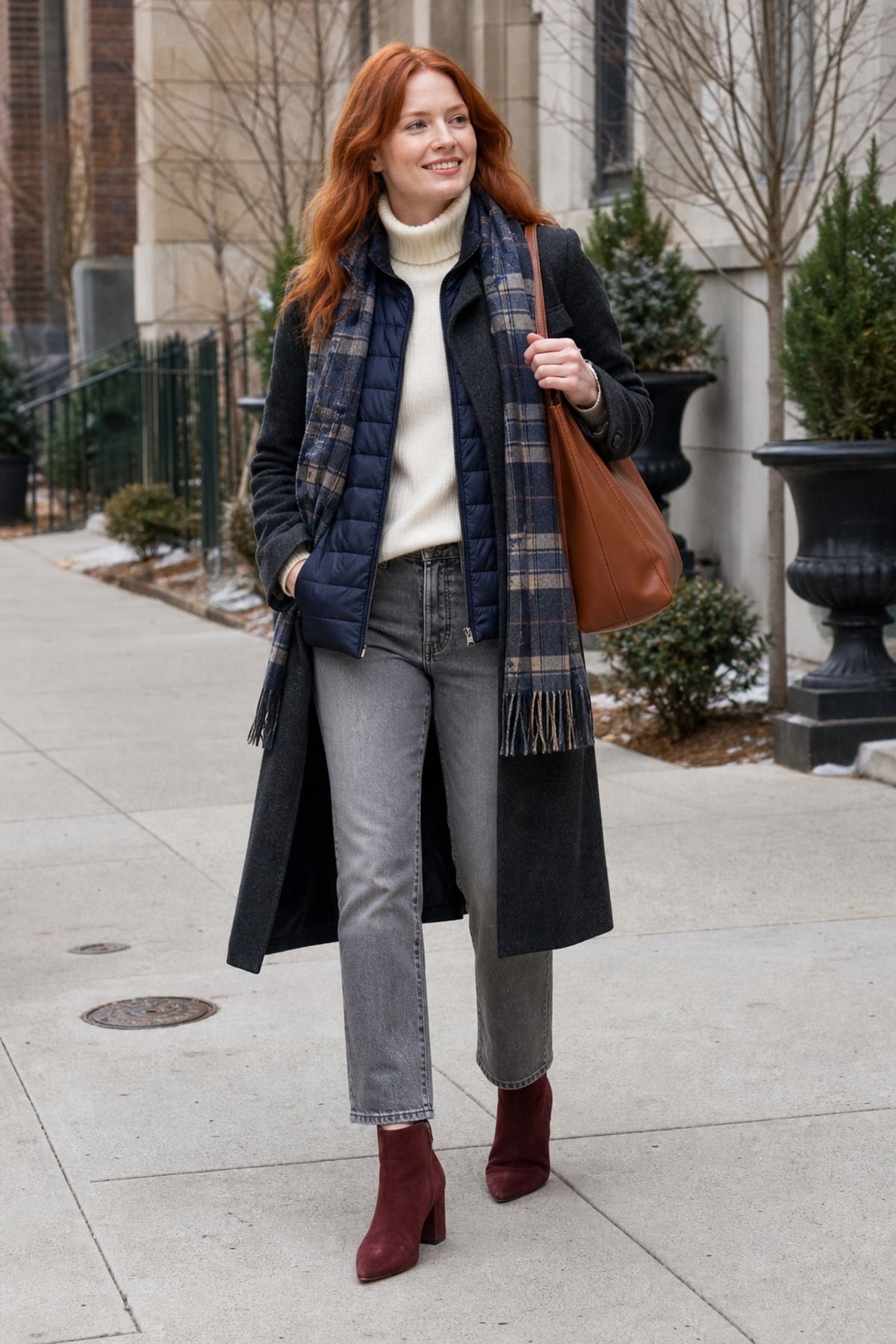 Woman wearing a thin down vest under a wool coat