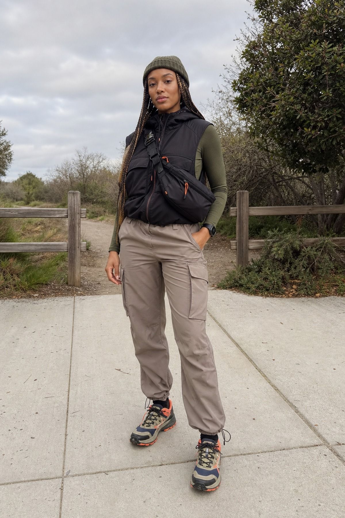 Woman wearing a hooded vest with cargo pants and trail sneakers