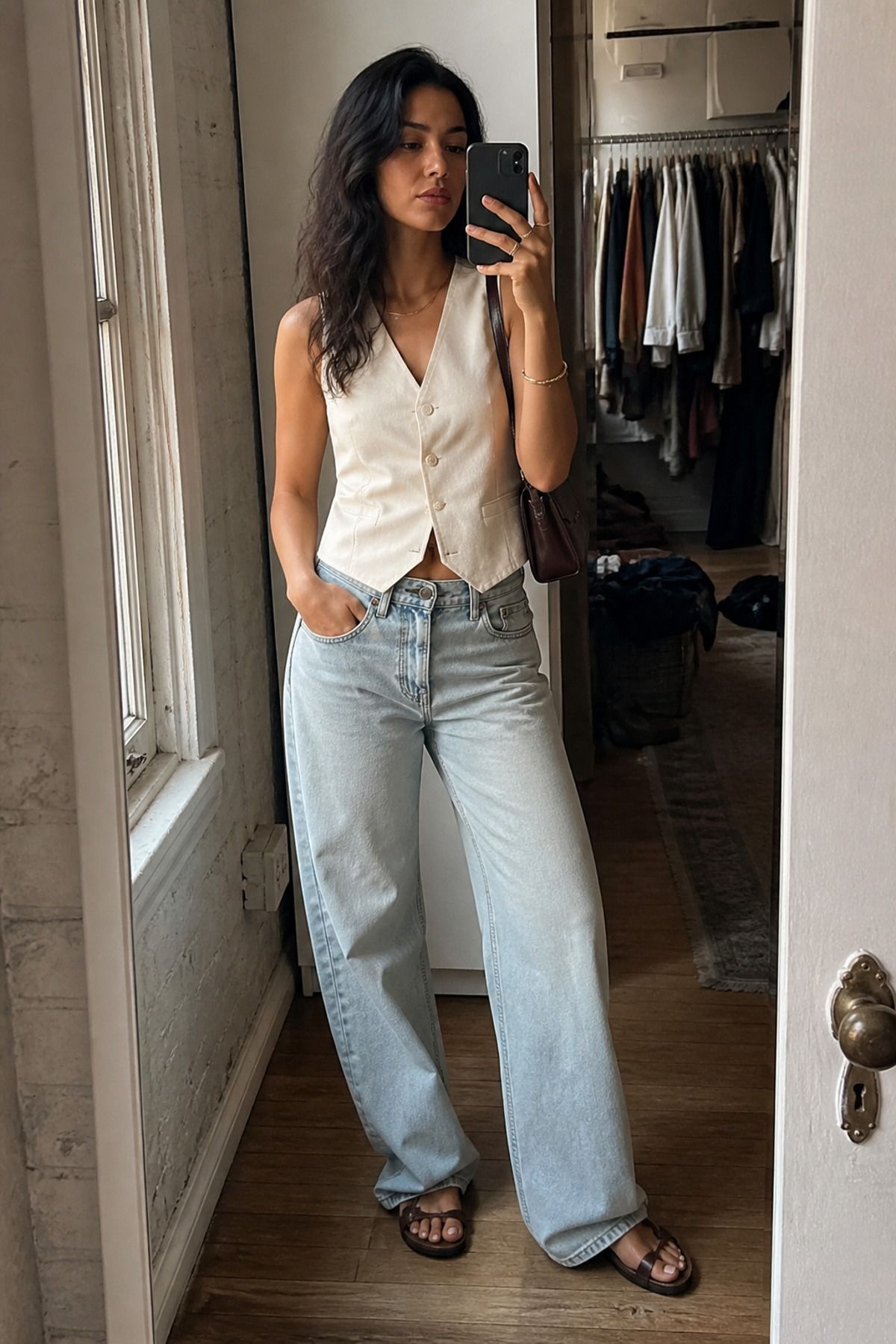 Mirror selfie of a woman in a cream linen waistcoat worn as a top with light-wash wide relaxed jeans and brown flat sandals, a waistcoat outfit idea