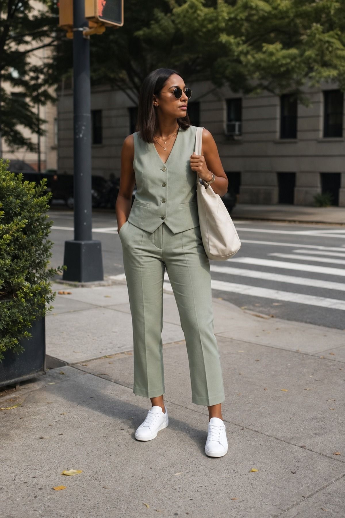 Woman in a sage green matching waistcoat and cropped trouser set with white sneakers and a canvas tote at a city crosswalk