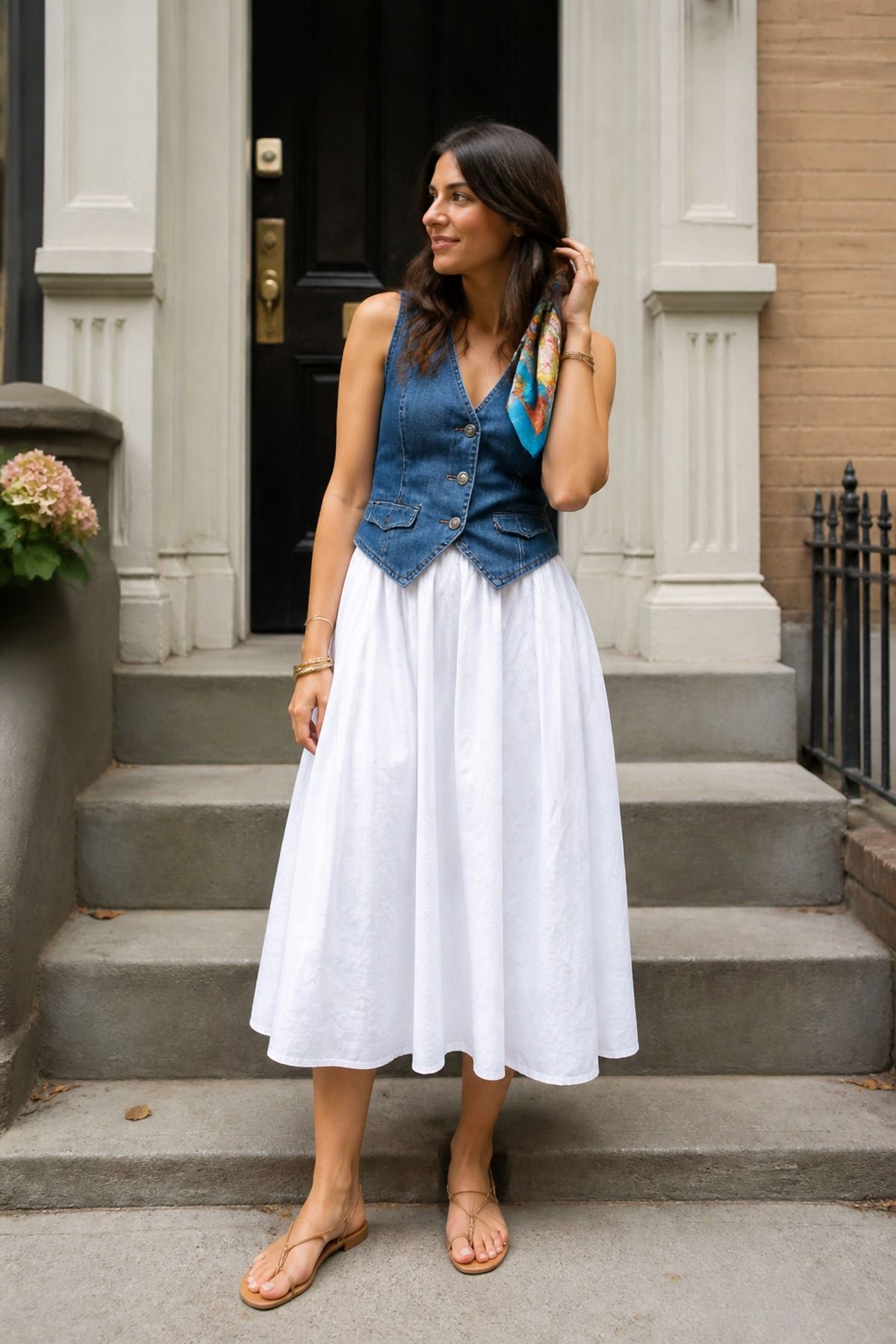 Woman in a denim waistcoat worn as a top with a full white midi skirt and tan flat sandals on stone steps