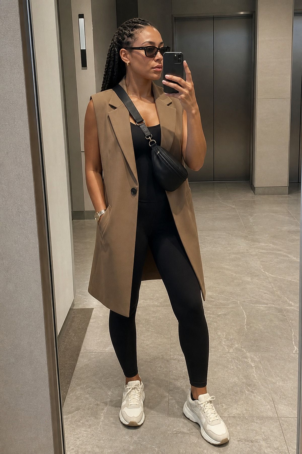 Mirror selfie of a woman in a long camel sleeveless vest over a black top with black leggings, white chunky sneakers and a black belt bag