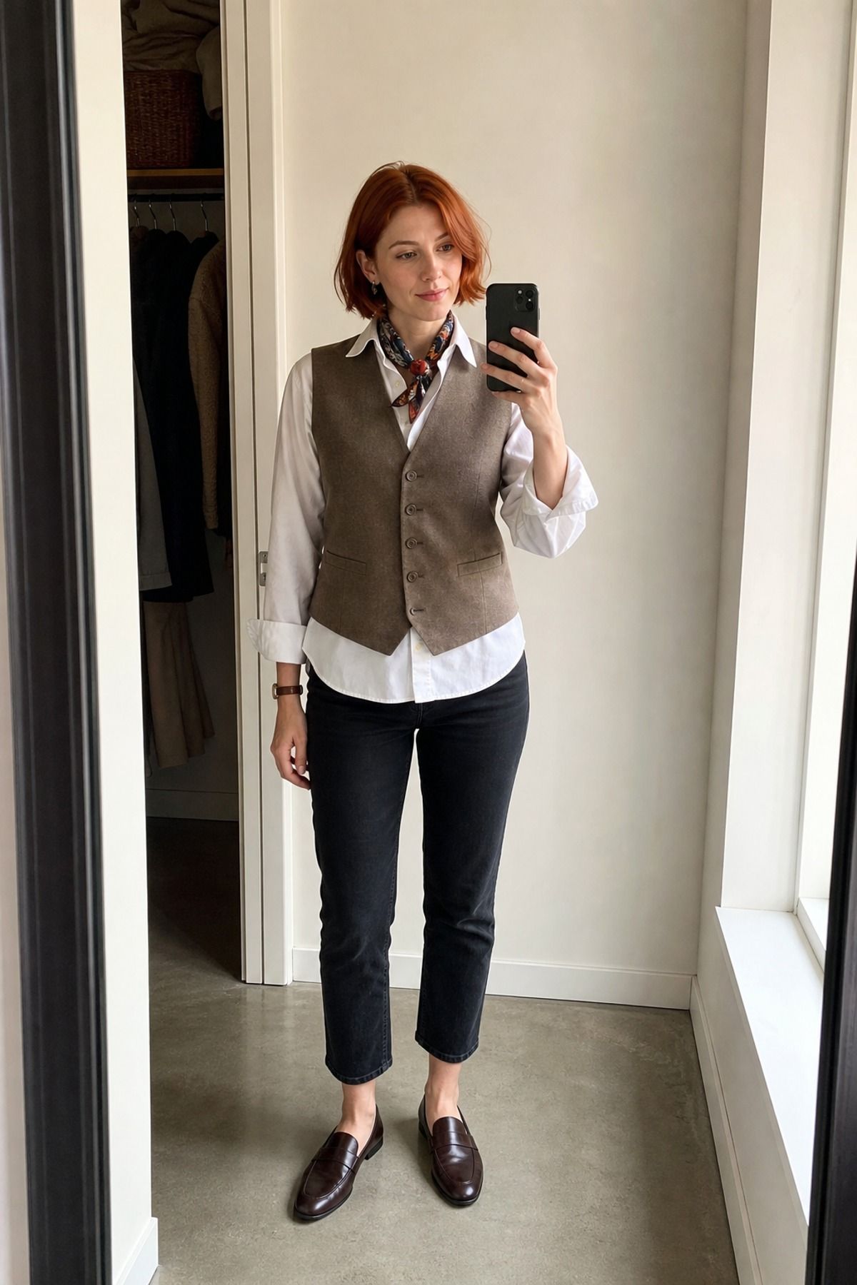 Mirror selfie of a woman in a brown tweed waistcoat over a white button-down with a printed neck scarf, black cropped jeans and brown loafers