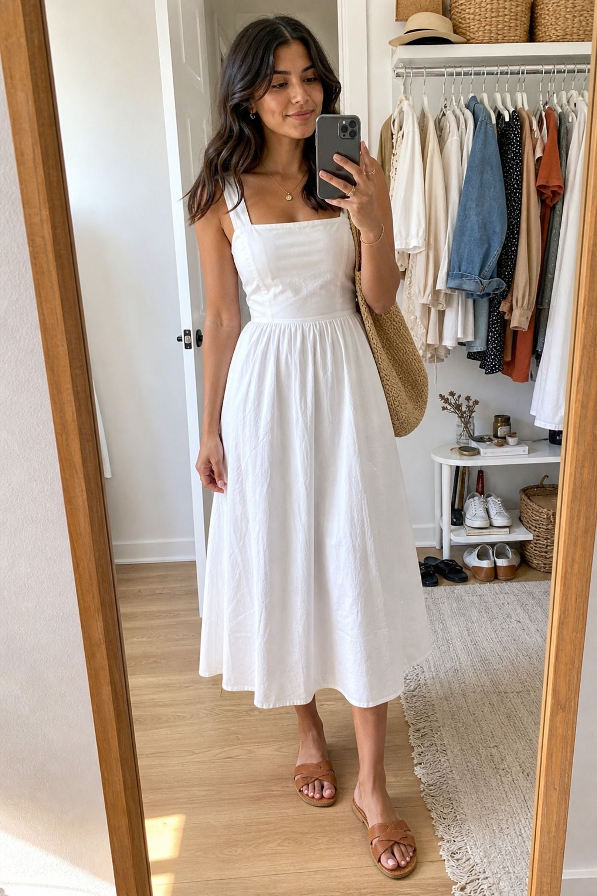 Woman wearing a white cotton midi dress with tan sandals, a white dress outfit