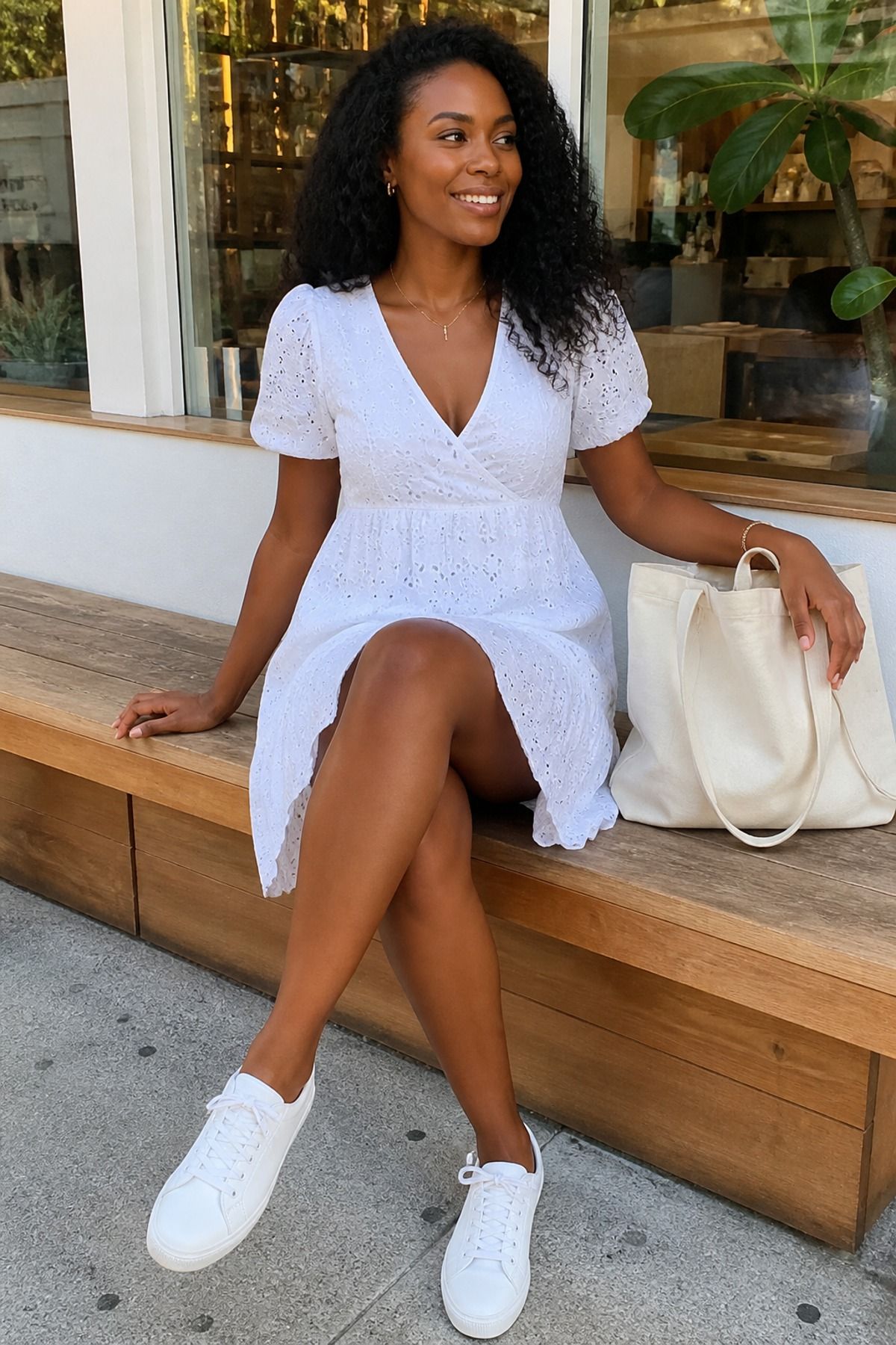 Woman wearing a white eyelet dress with sneakers, a white dress outfit