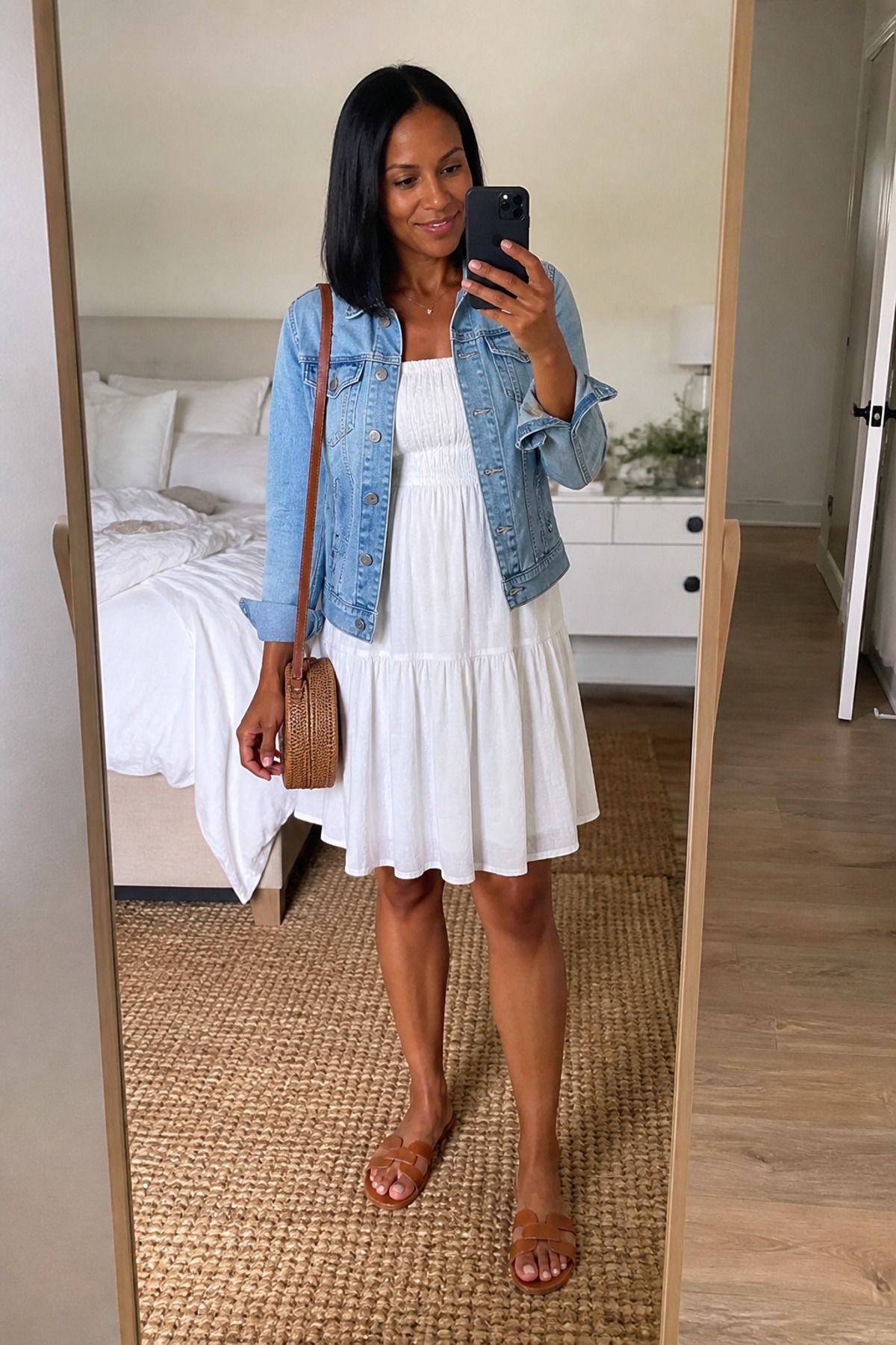 Woman wearing a white sundress with a denim jacket, a white dress outfit