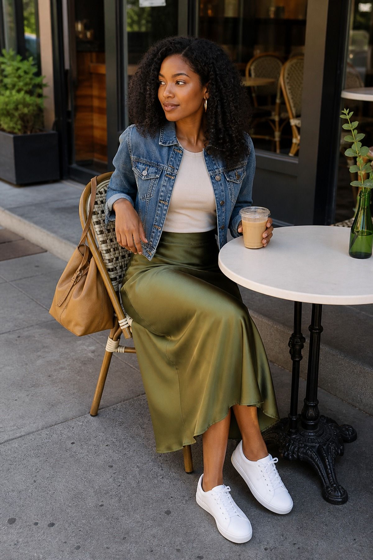 Woman wearing a midi skirt with white sneakers