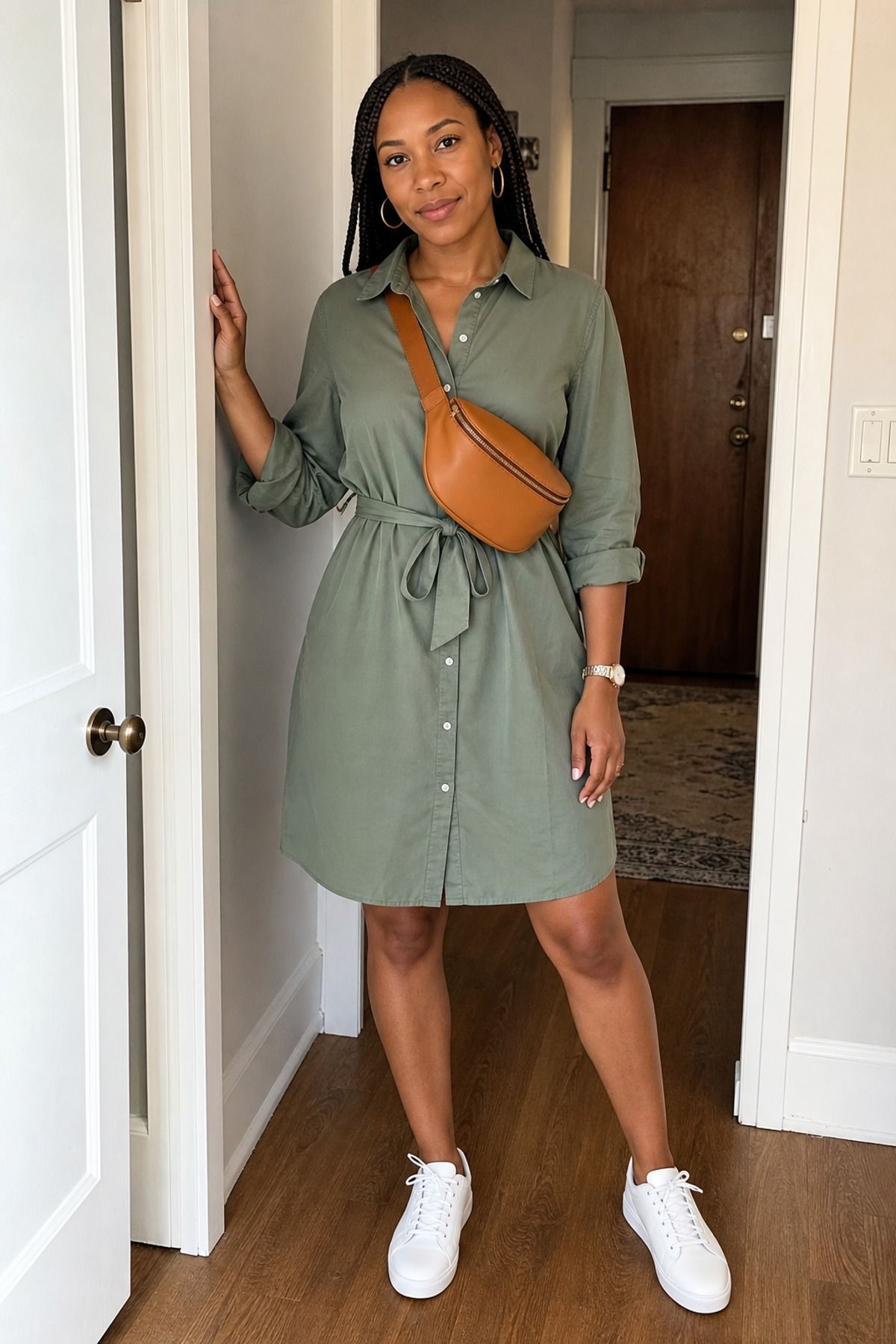 Woman wearing a button-down dress with white sneakers