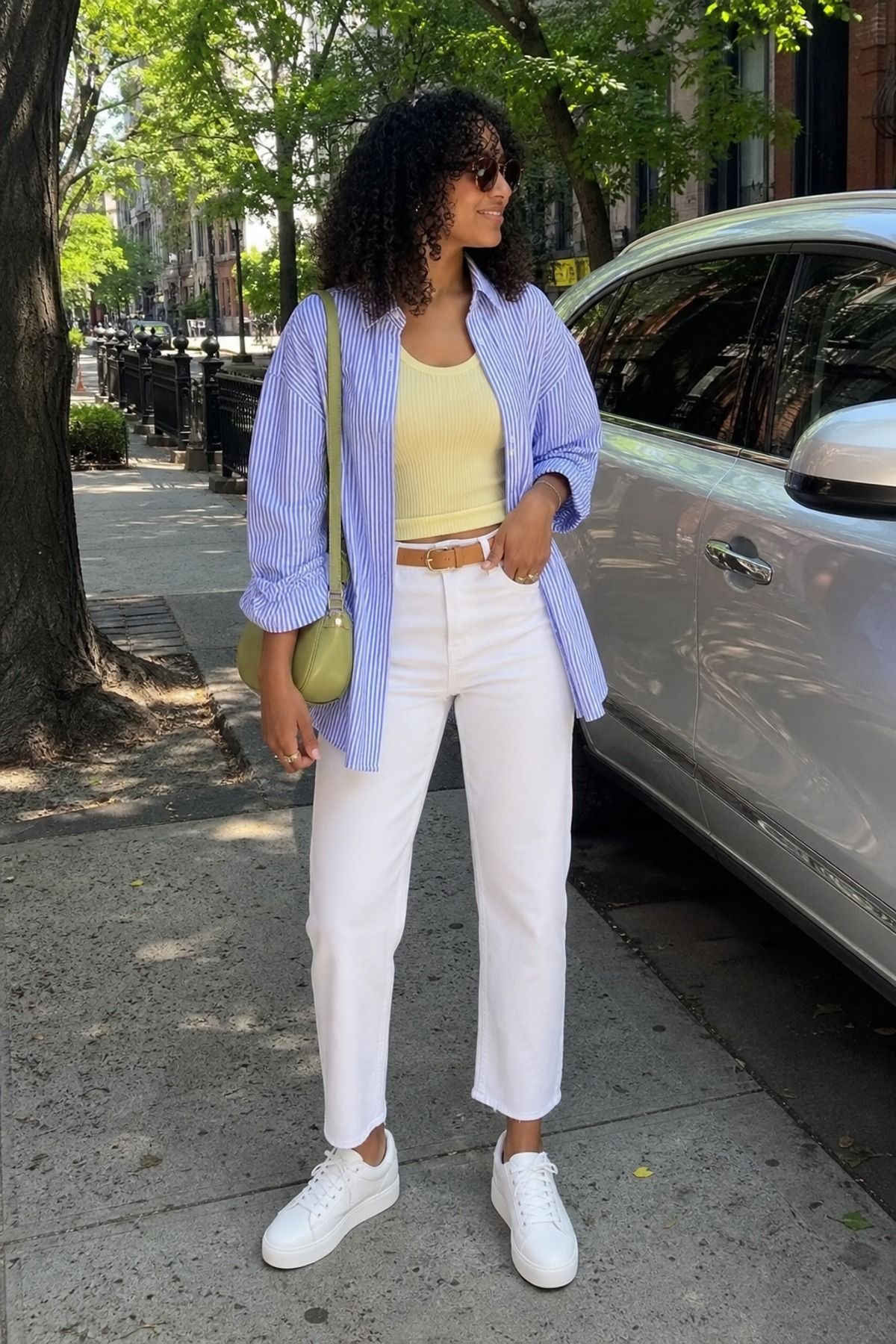 Woman wearing white jeans with white sneakers