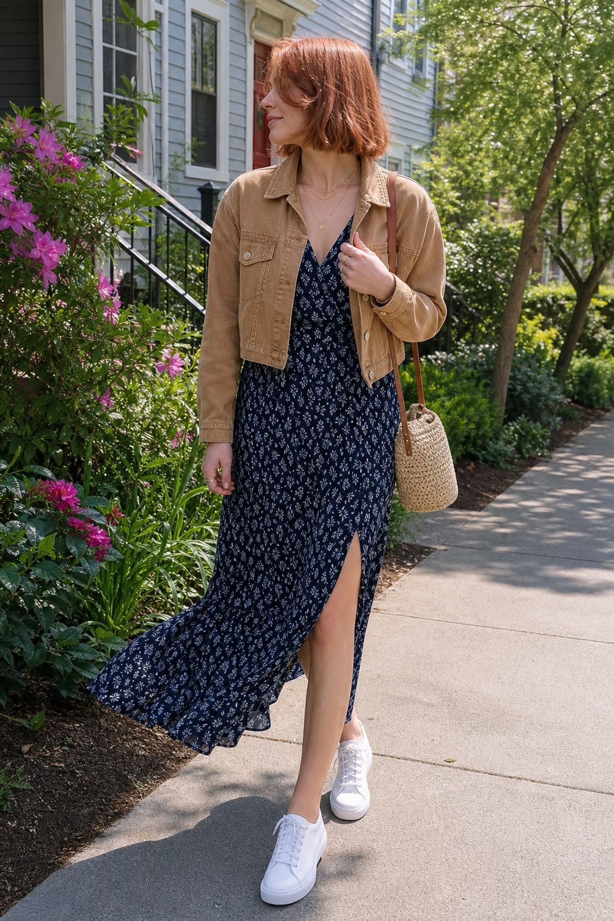 Woman wearing a maxi dress with white sneakers