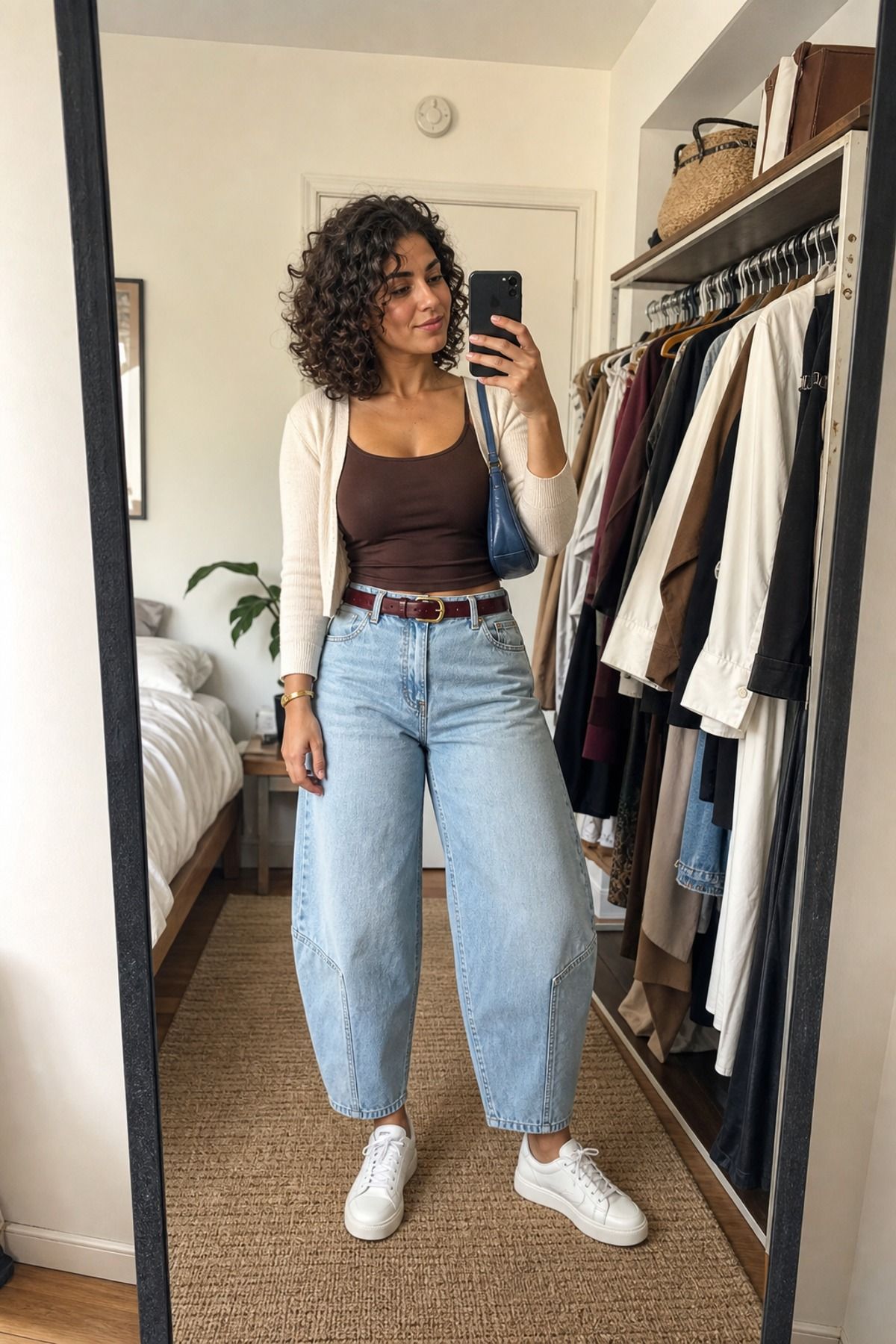 Woman wearing barrel jeans with white sneakers