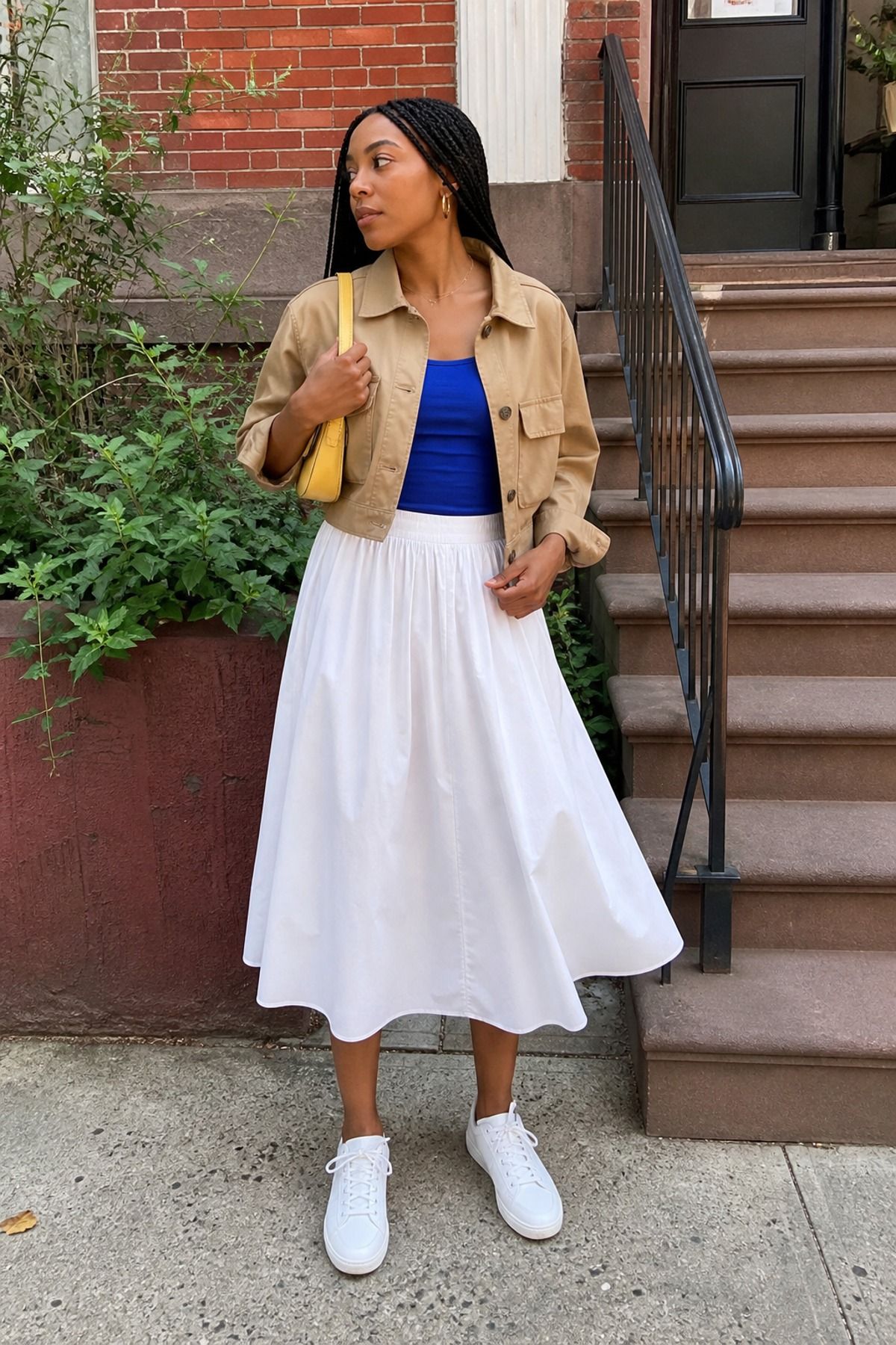 Woman wearing a poplin skirt with white sneakers