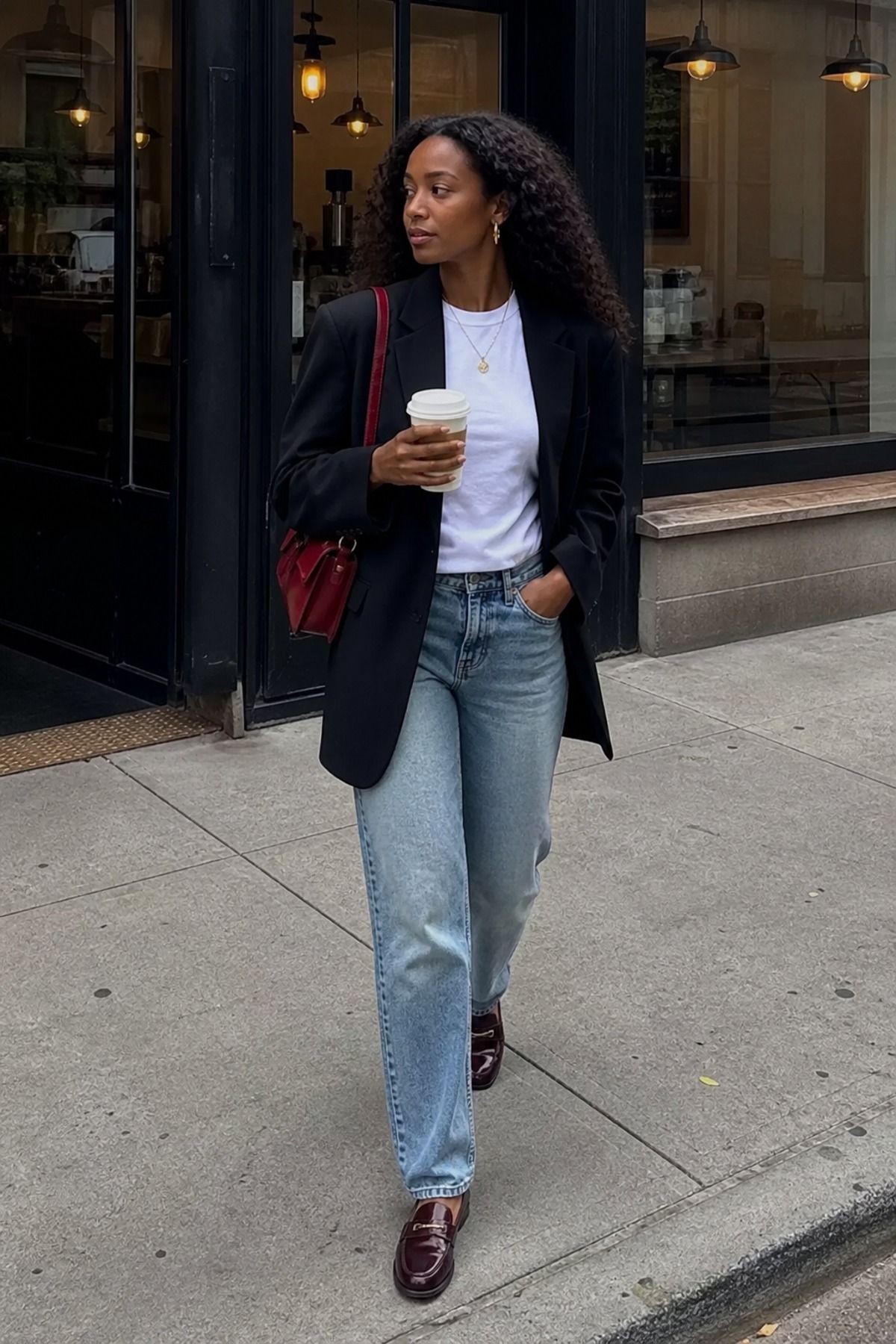 Woman wearing a white T-shirt with a black blazer