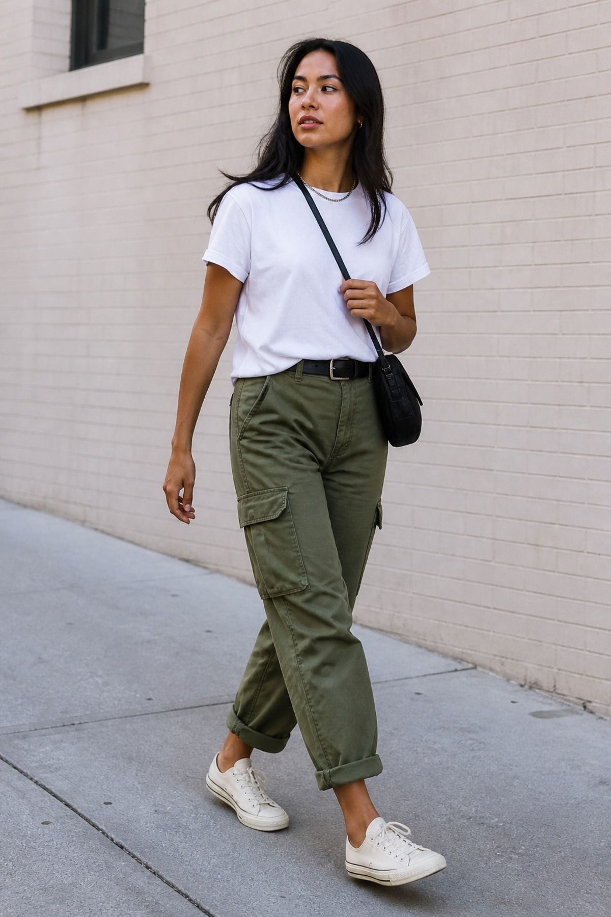 Woman wearing a white T-shirt with cargo pants