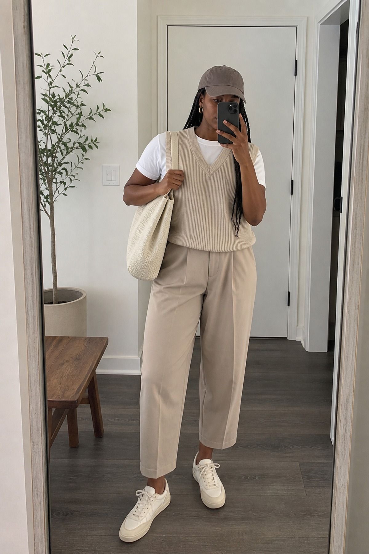 Woman wearing a white T-shirt with a monochrome neutral outfit