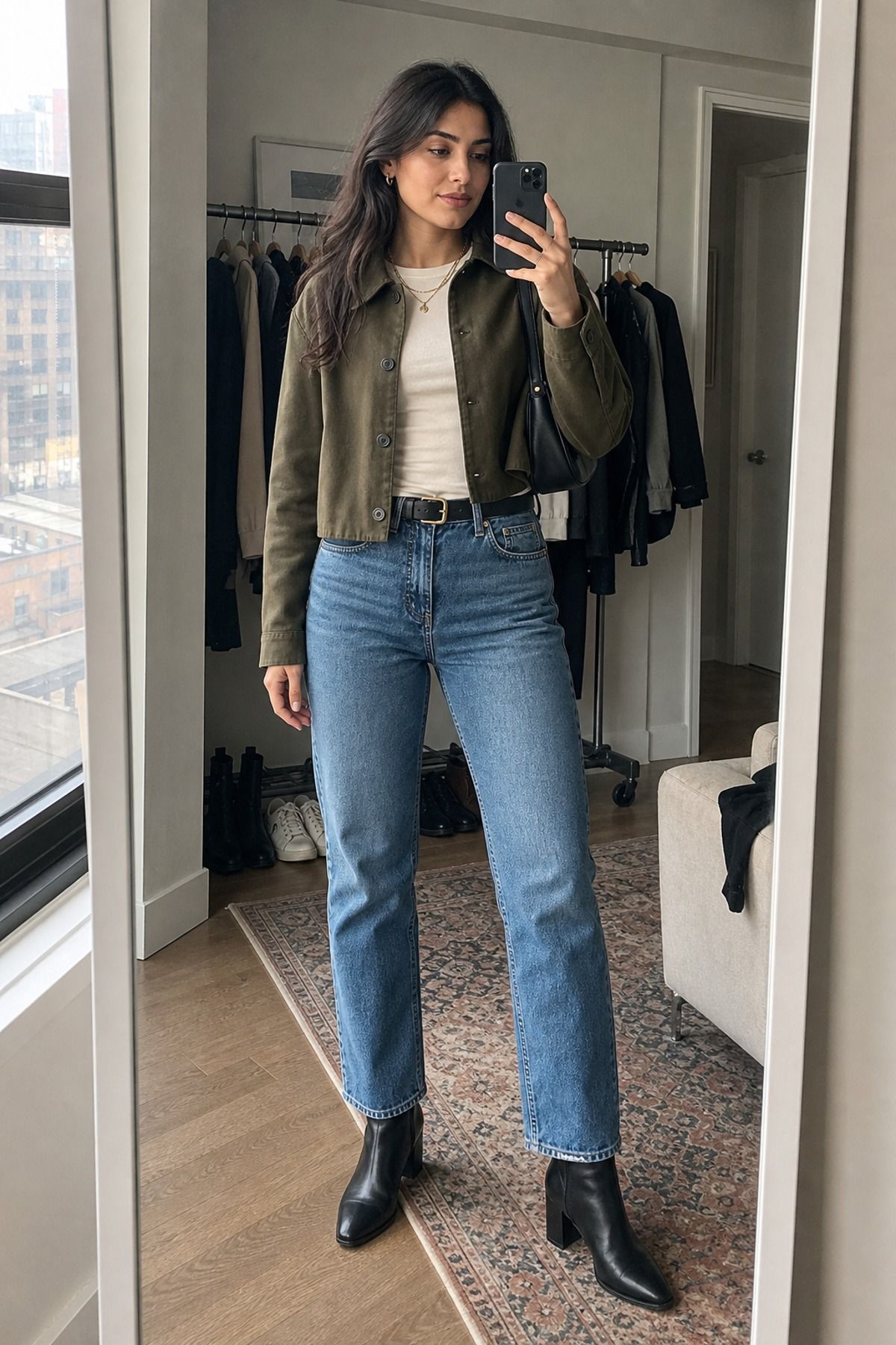 Woman wearing straight jeans with ankle boots