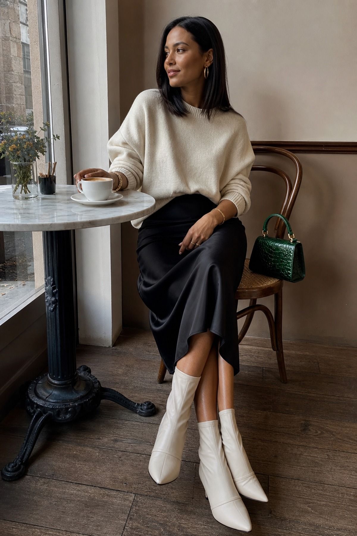 Woman wearing a slip skirt with ankle boots