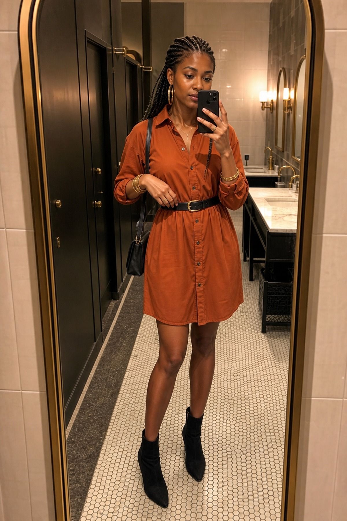 Woman wearing a button-down dress with ankle boots