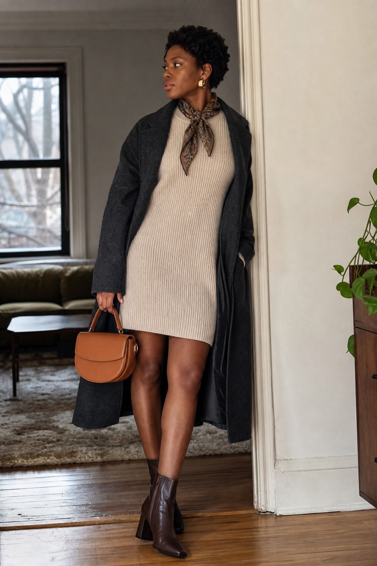Woman wearing a sweater dress with ankle boots