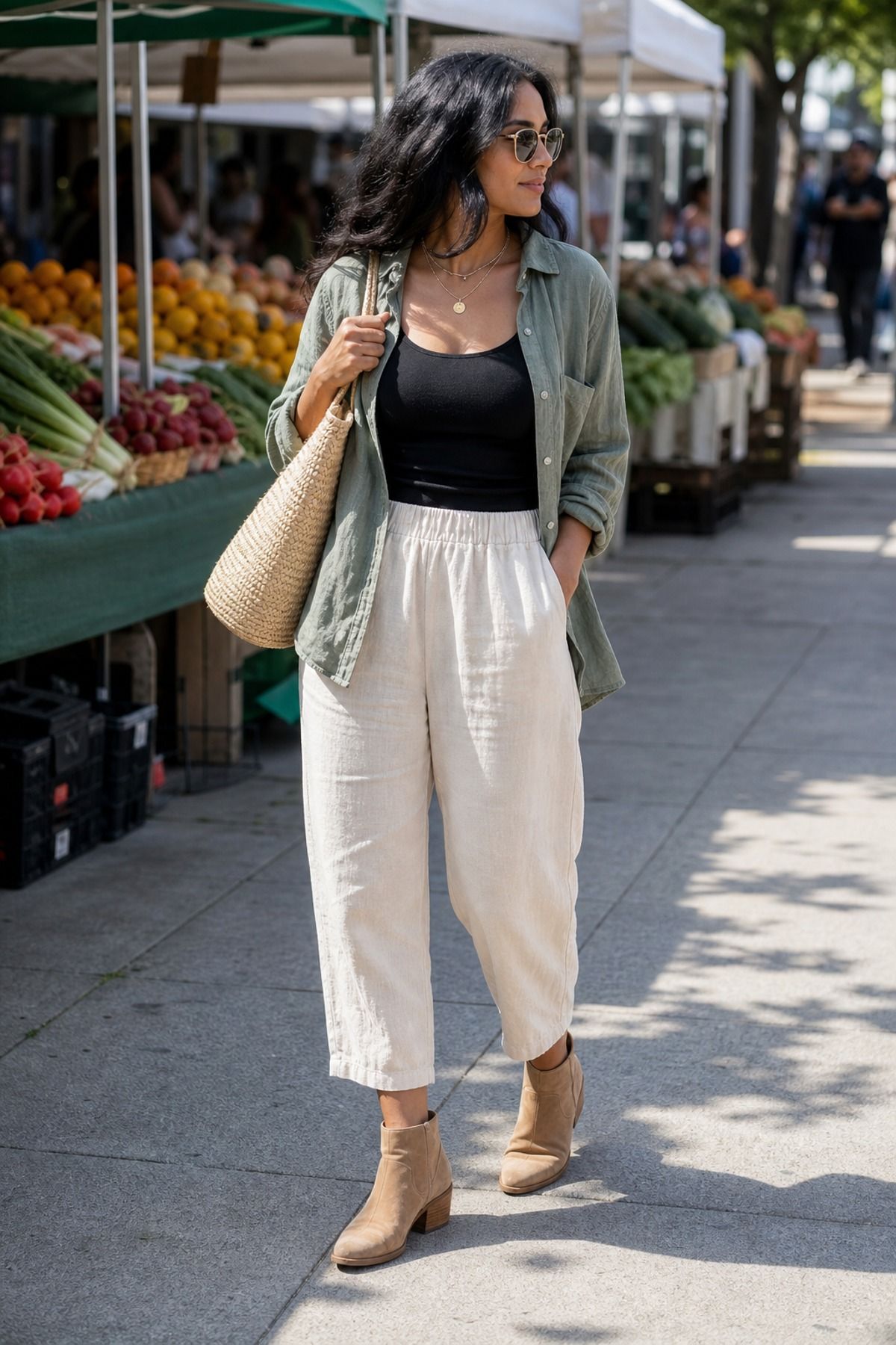 Woman wearing linen pants with ankle boots