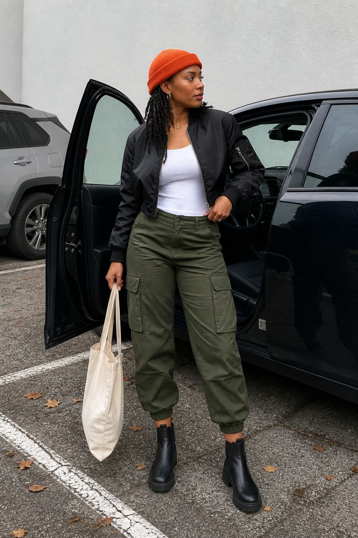 Woman wearing cargo pants with ankle boots