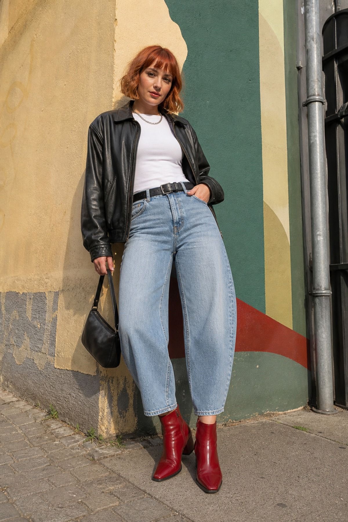 Woman wearing barrel jeans with ankle boots