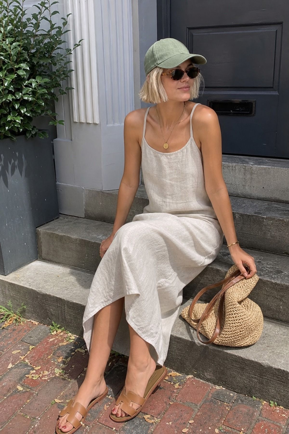 Woman wearing a linen dress with a baseball cap