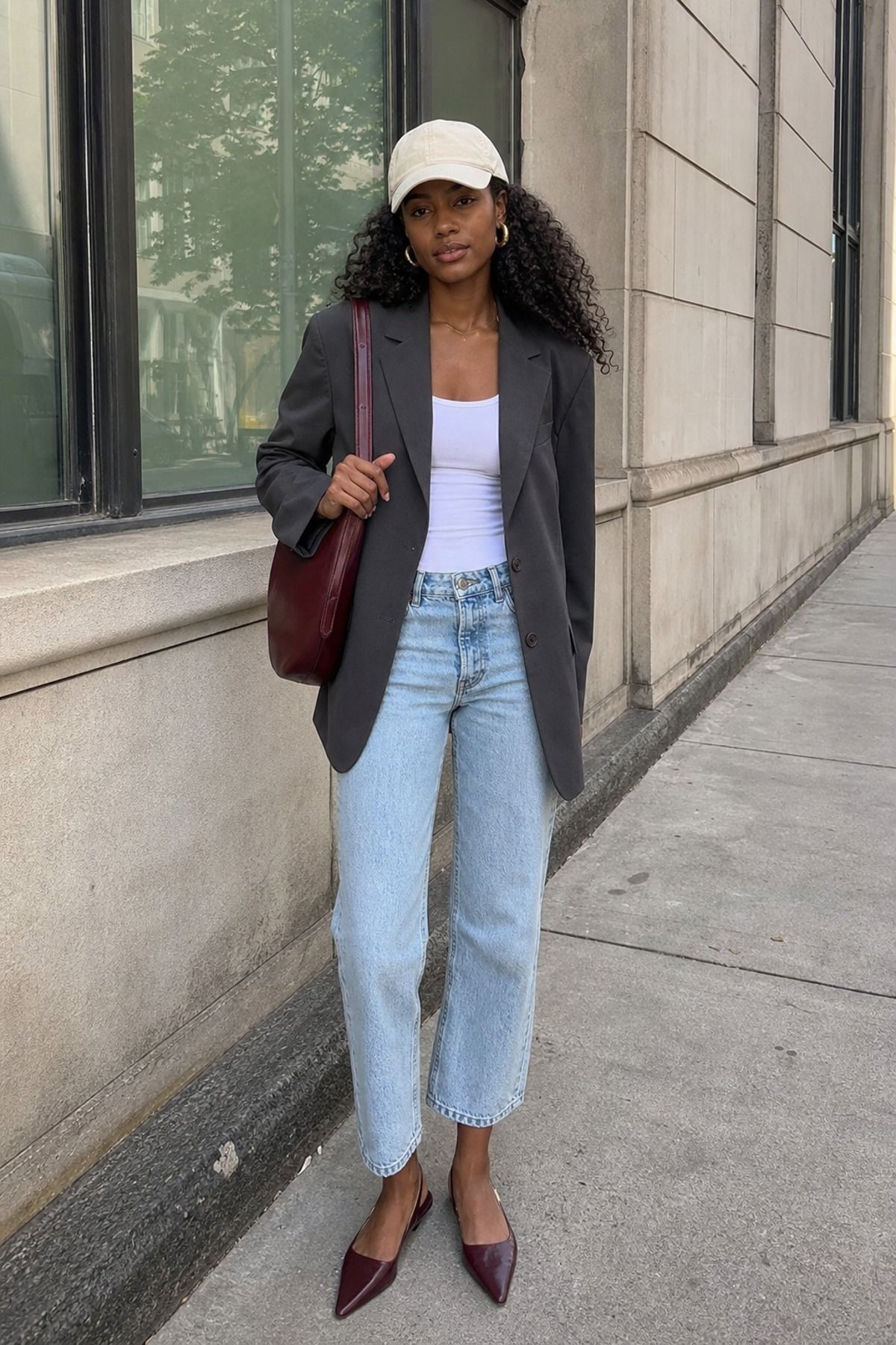 Woman wearing a blazer outfit with a baseball cap