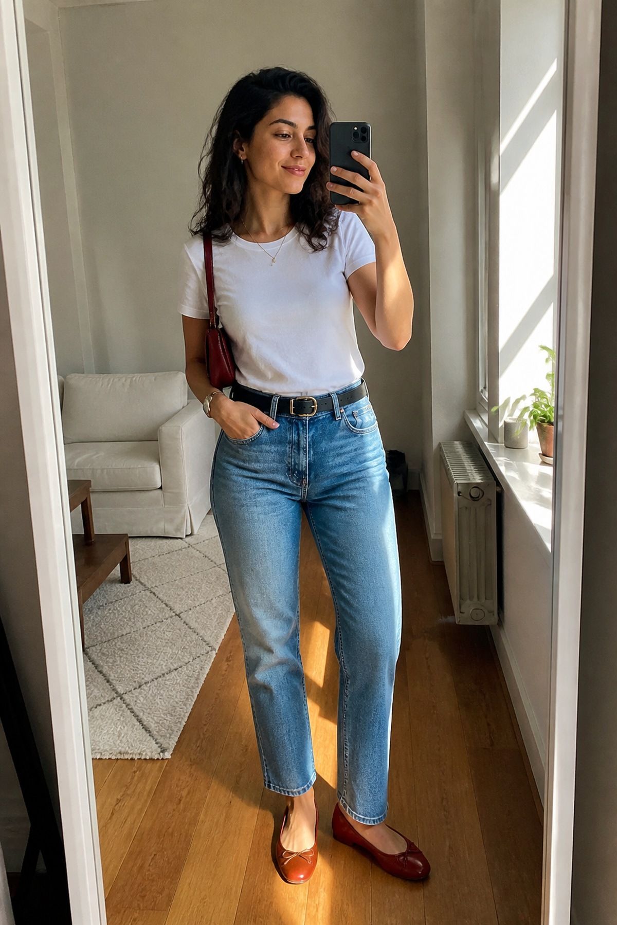 Woman wearing a white tee, straight jeans, and belt