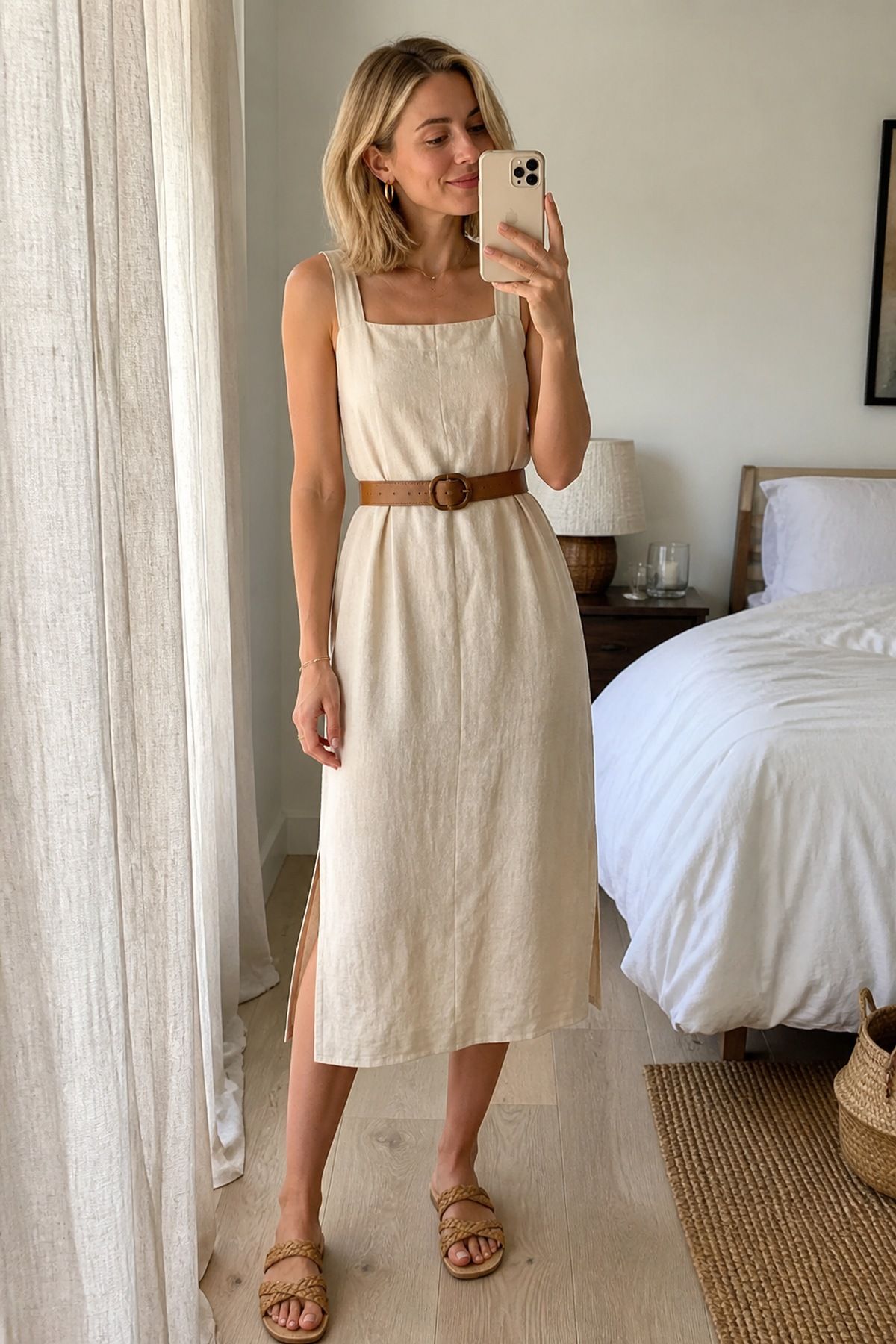 Woman wearing a linen dress with belt