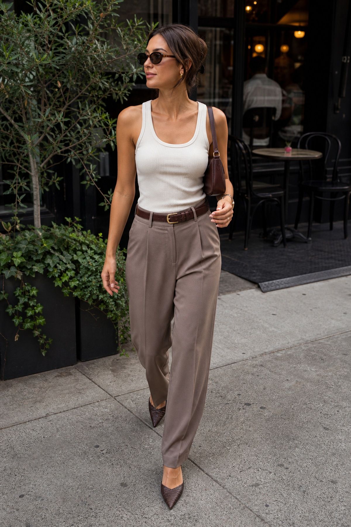 Woman wearing a tank and trousers with belt