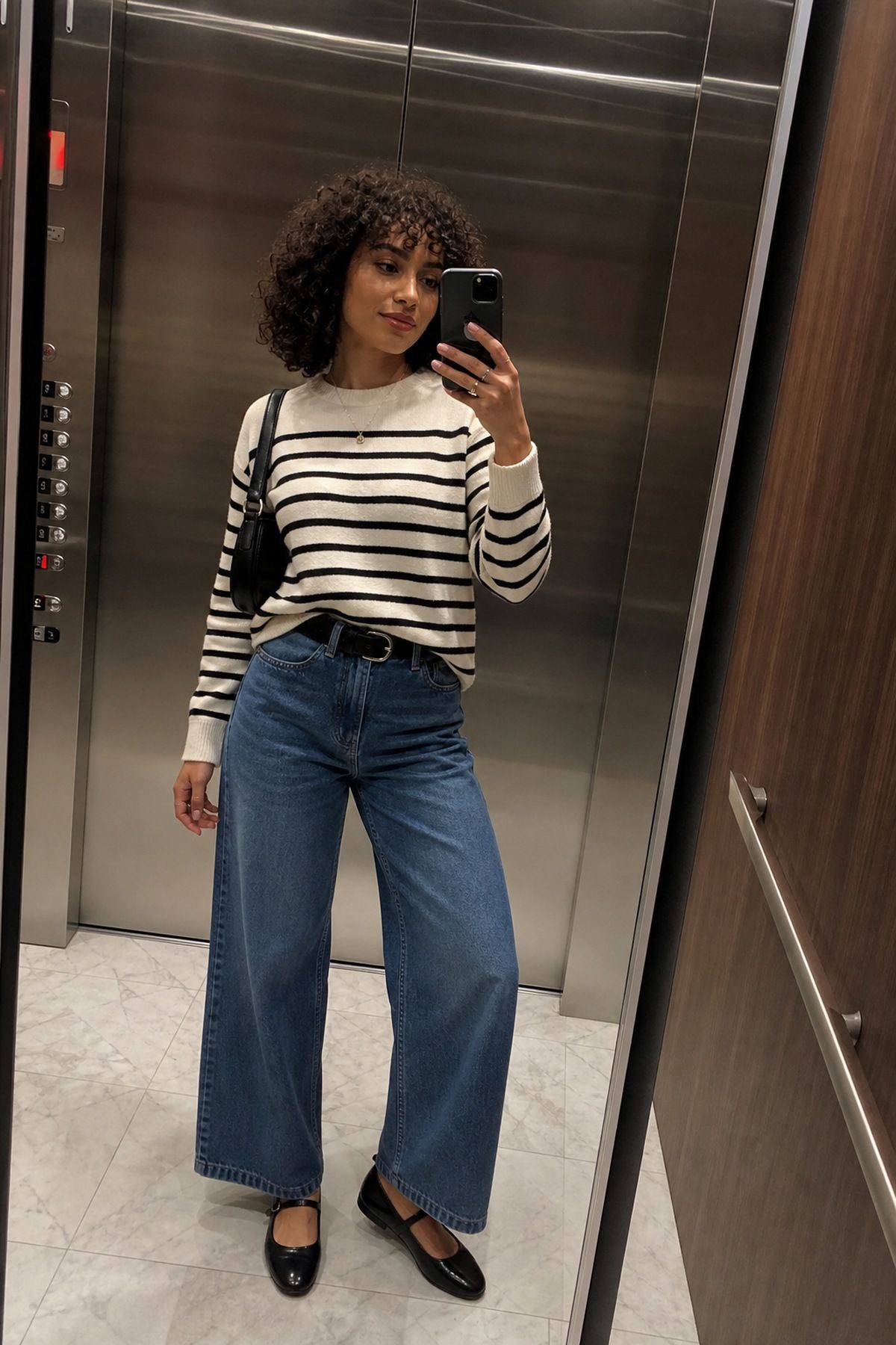 Woman wearing a striped sweater outfit with belt