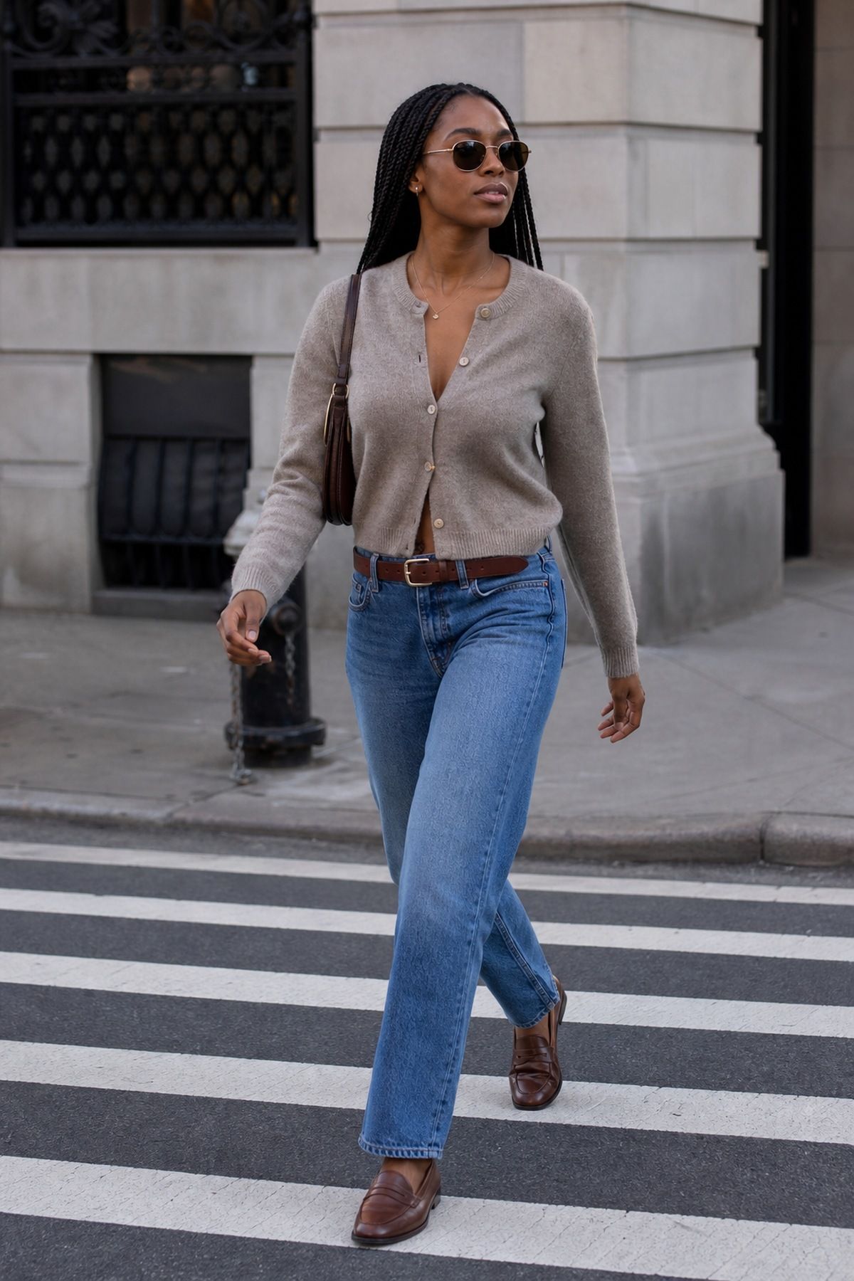 Woman wearing a cardigan and jeans with belt