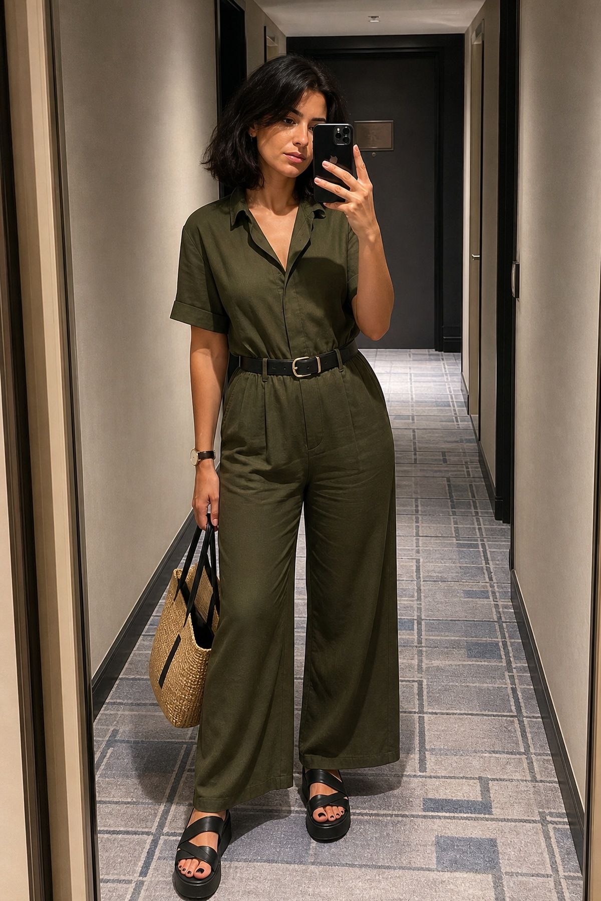 Woman wearing a simple jumpsuit with belt