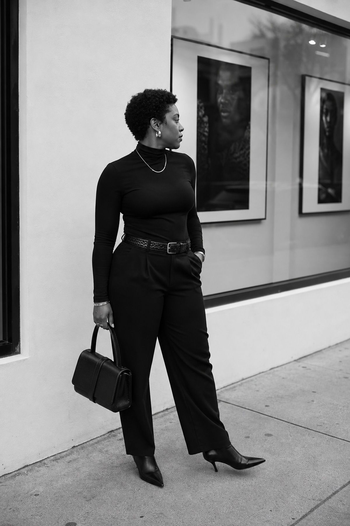 Woman wearing a monochrome outfit with belt
