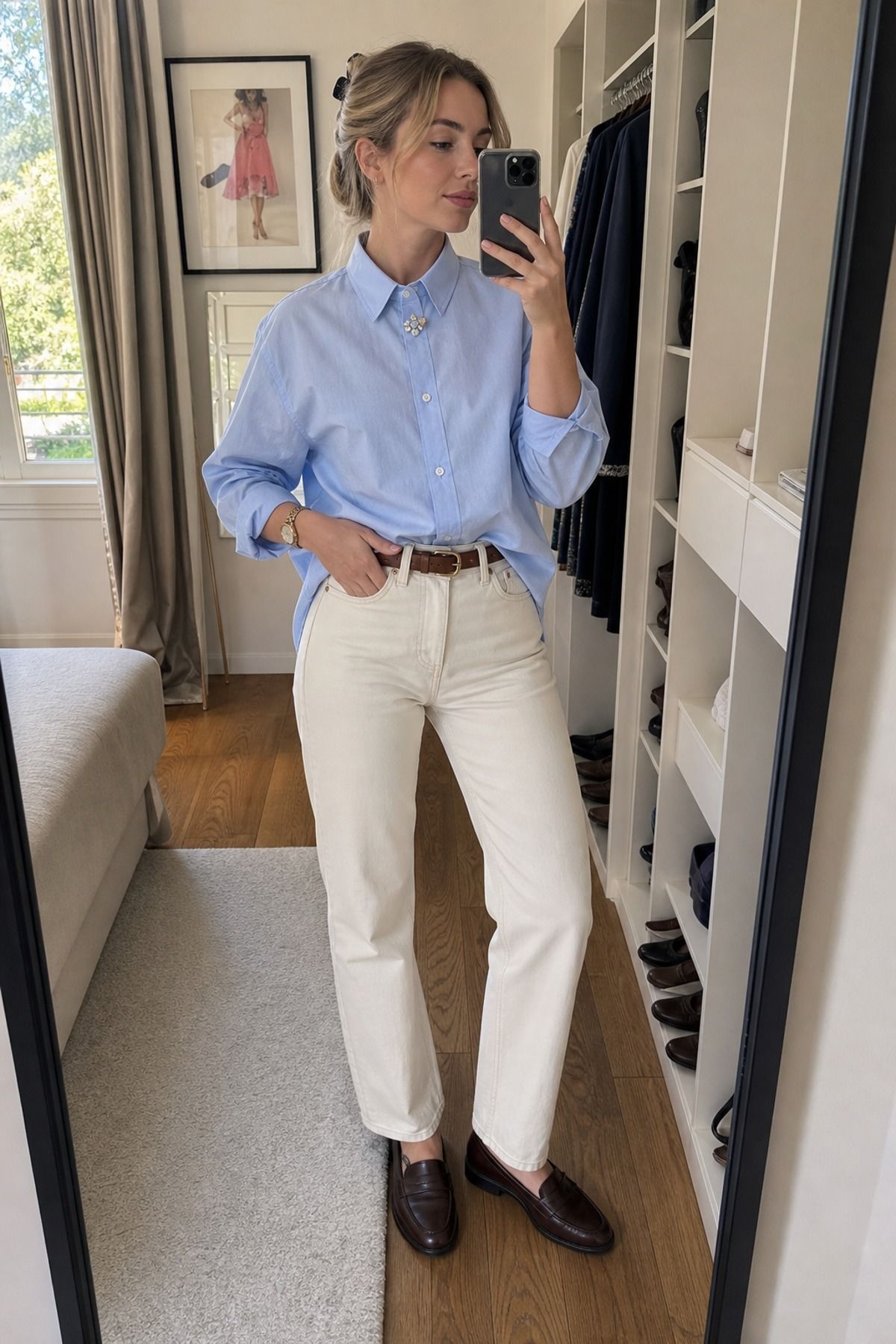 Woman wearing a button-down shirt with a brooch