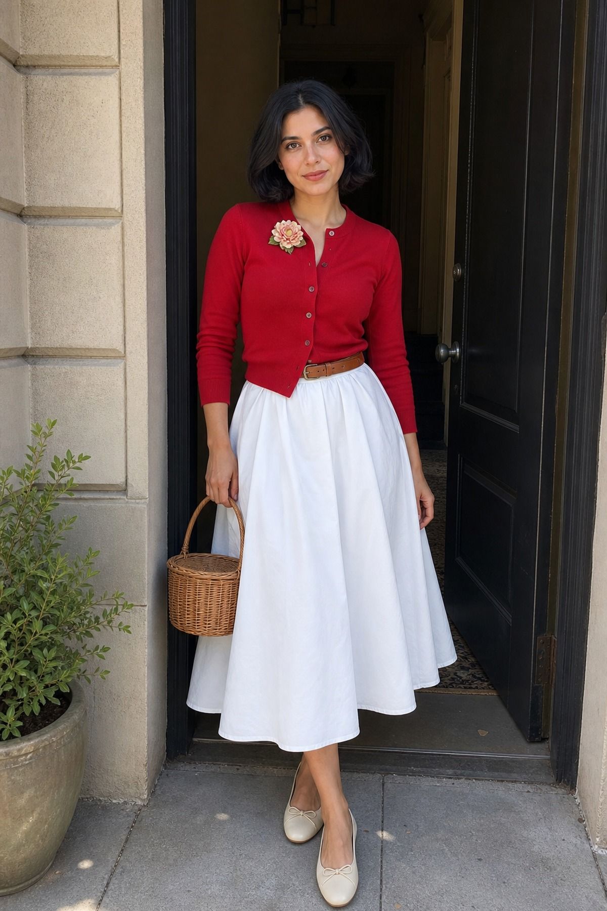 Woman wearing a poplin skirt with a brooch