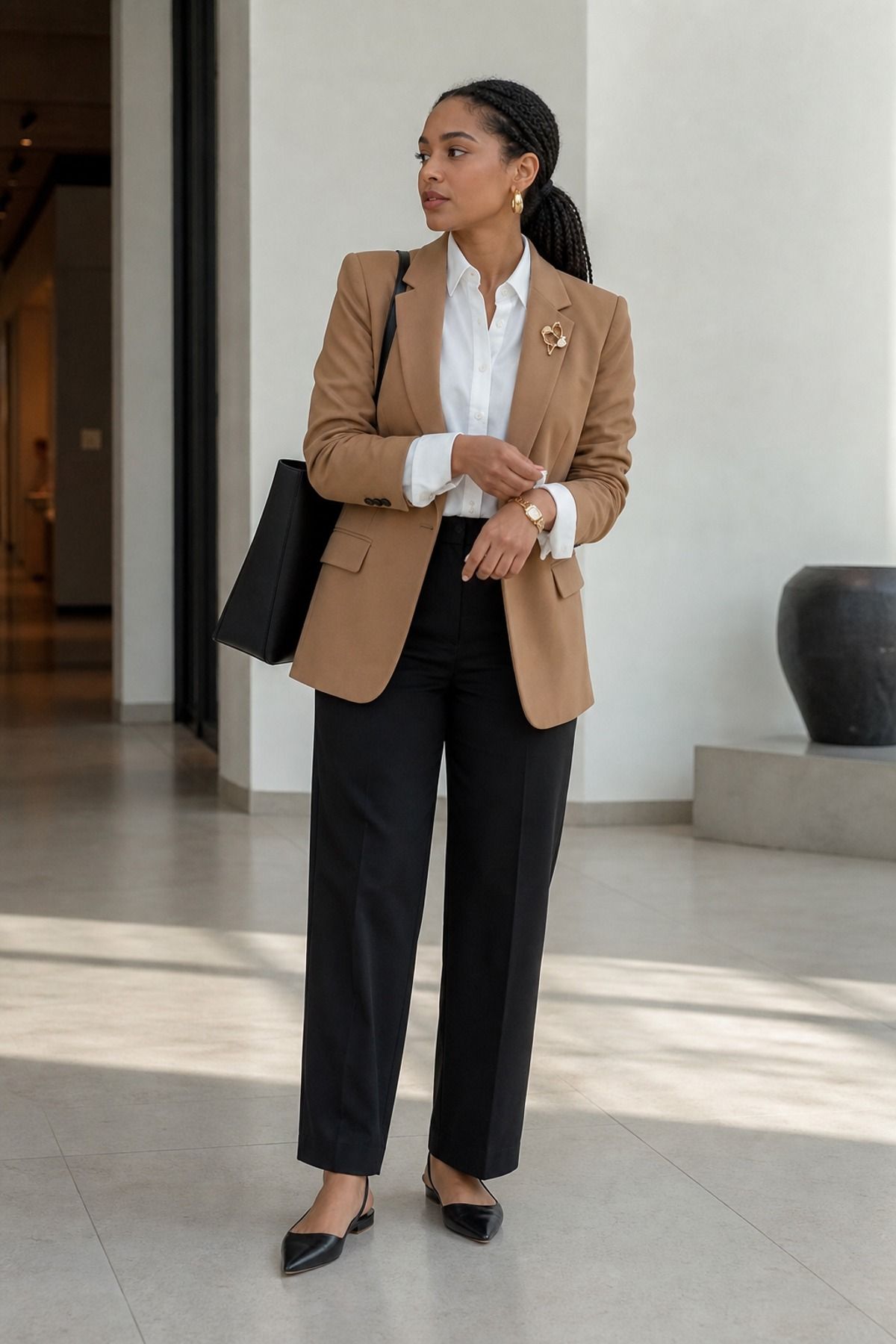 Woman wearing black trousers with a brooch