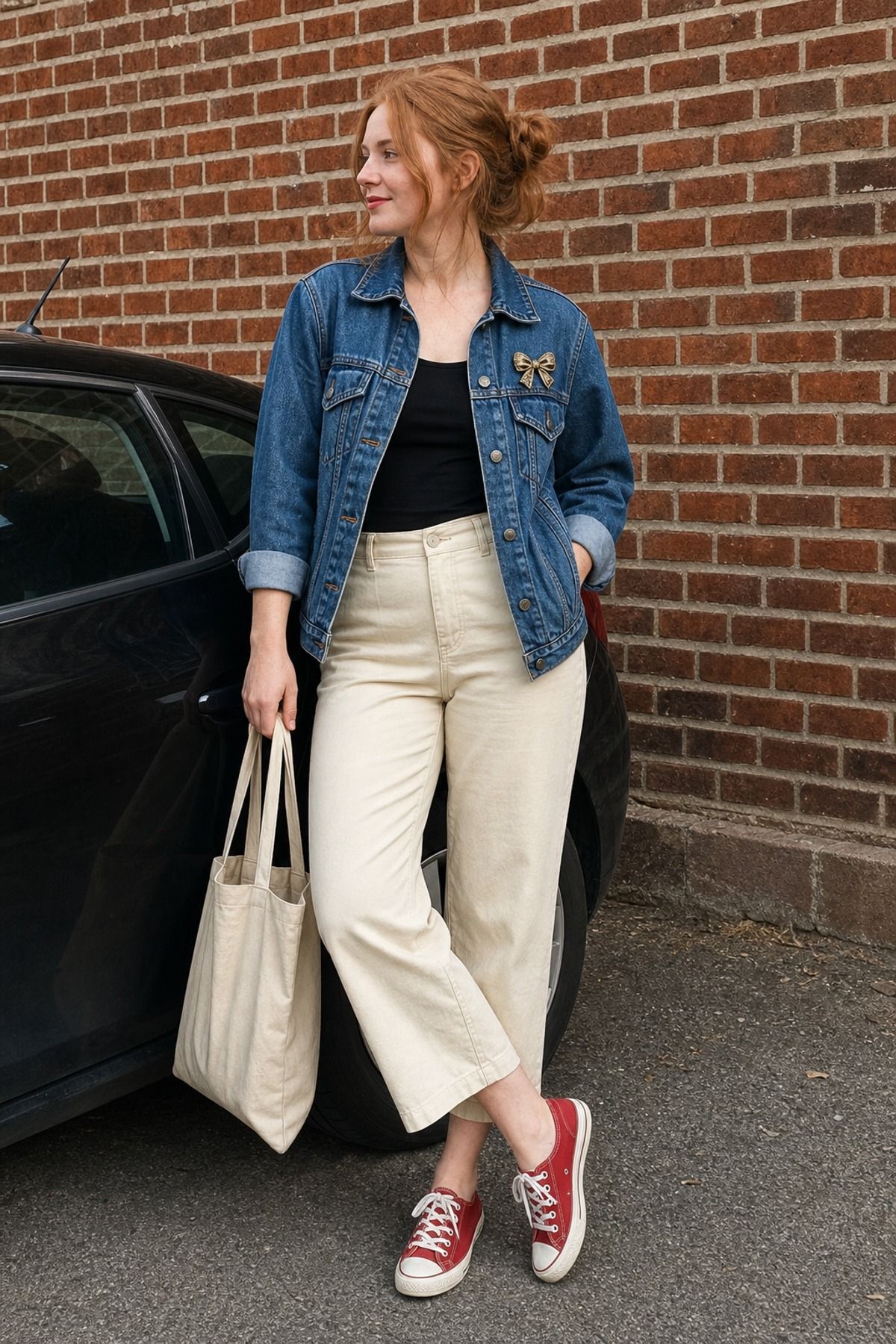 Woman wearing a denim jacket outfit with a brooch