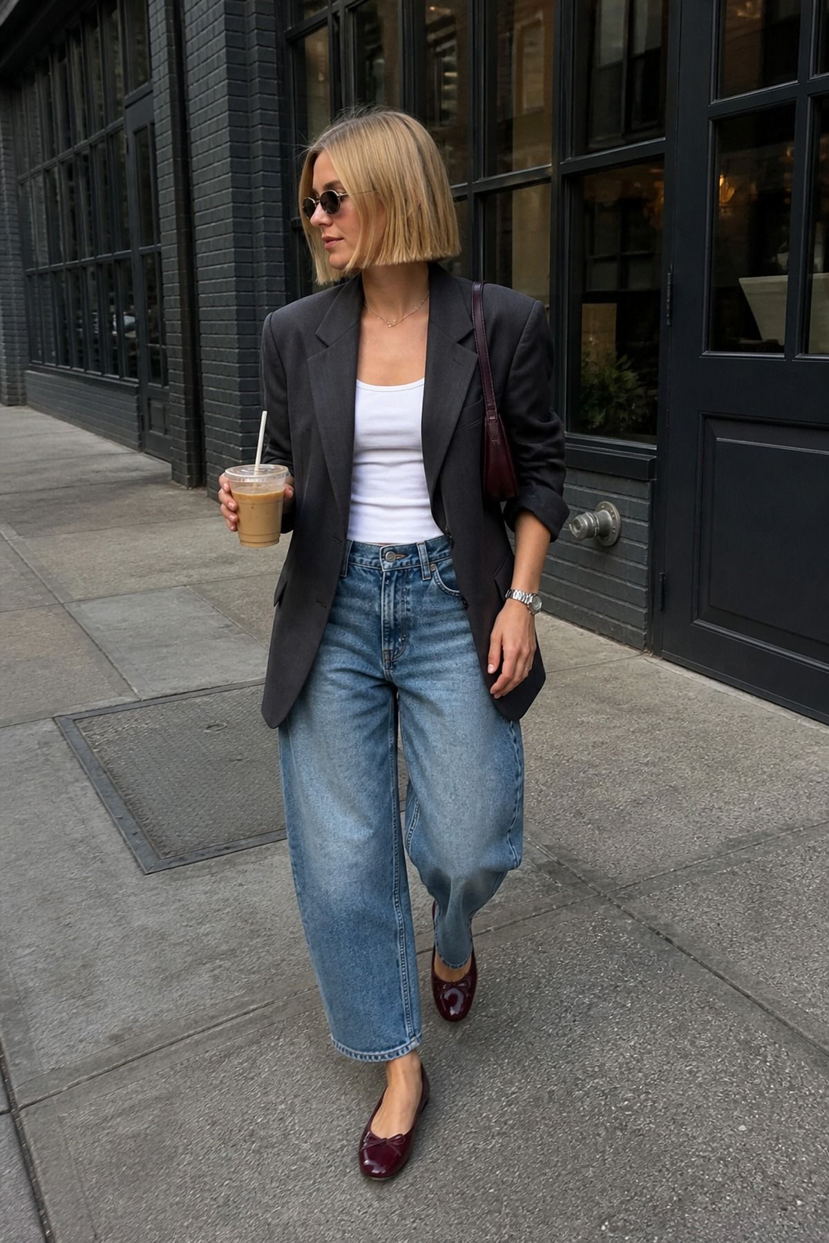 Woman wearing a blazer with barrel jeans, a casual chic outfit