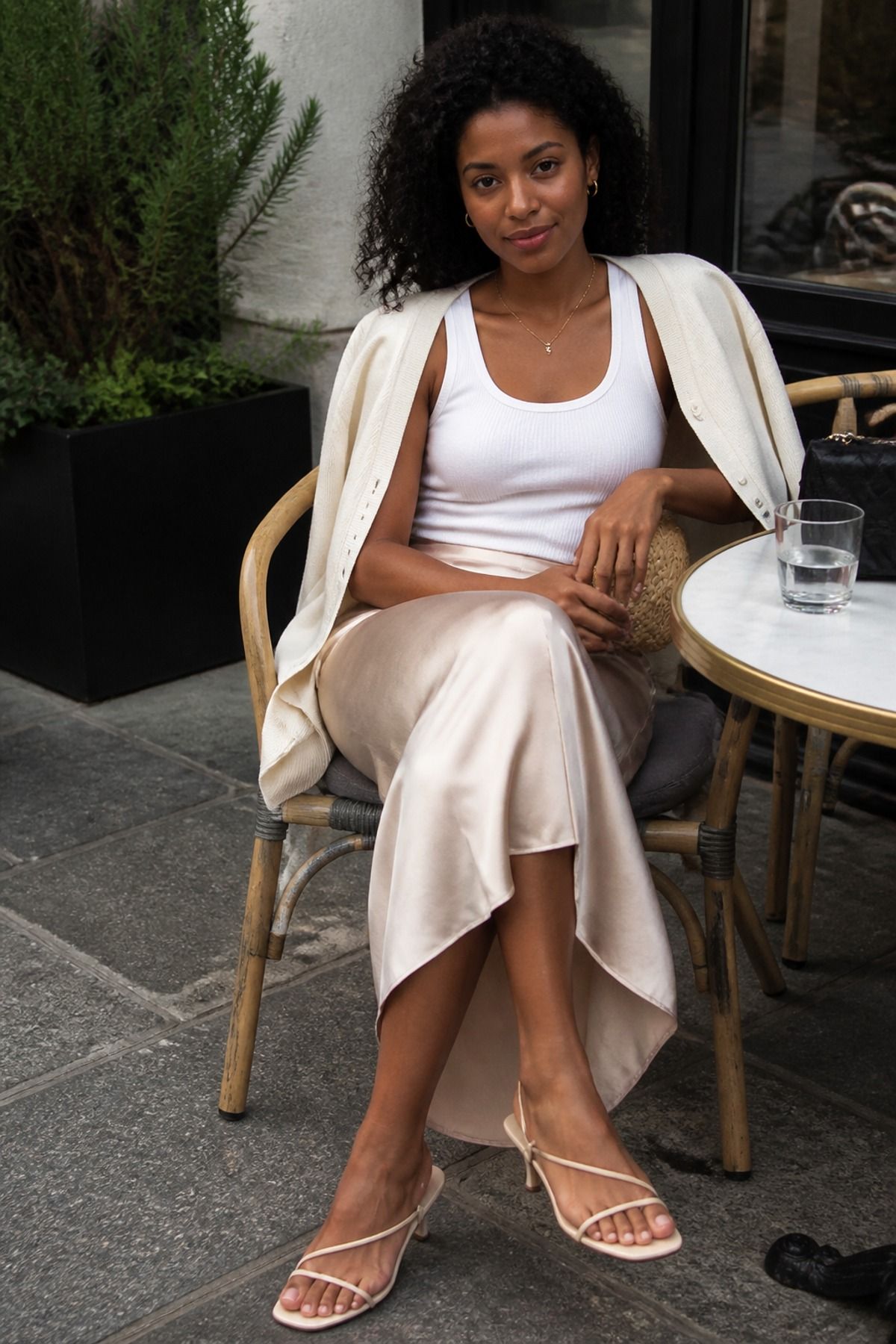 Woman wearing a satin skirt with a cotton tank, a casual chic outfit